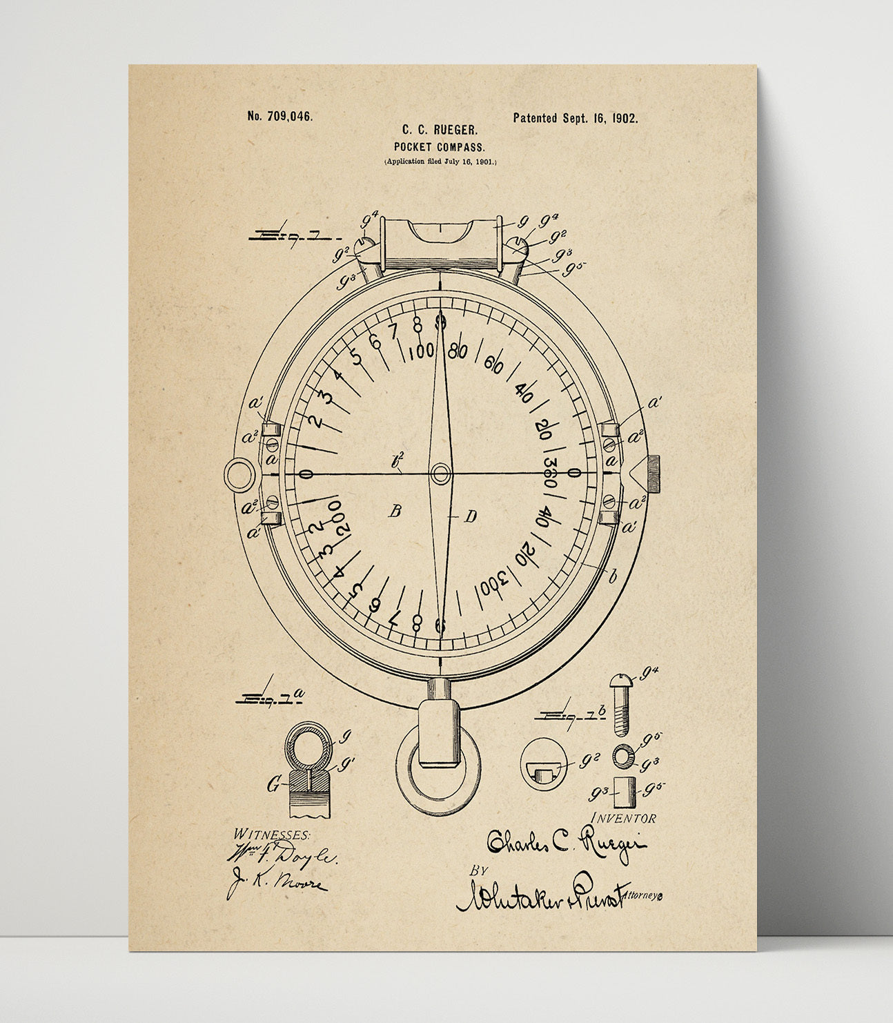 Patent Print - Pocket Compass - Charles C Rueger - 1902 - Patent 709046 Patent Wall Art