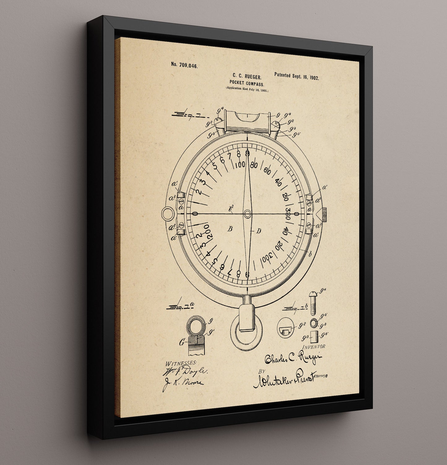 Patent Print - Pocket Compass - Charles C Rueger - 1902 - Patent 709046 Patent Wall Art
