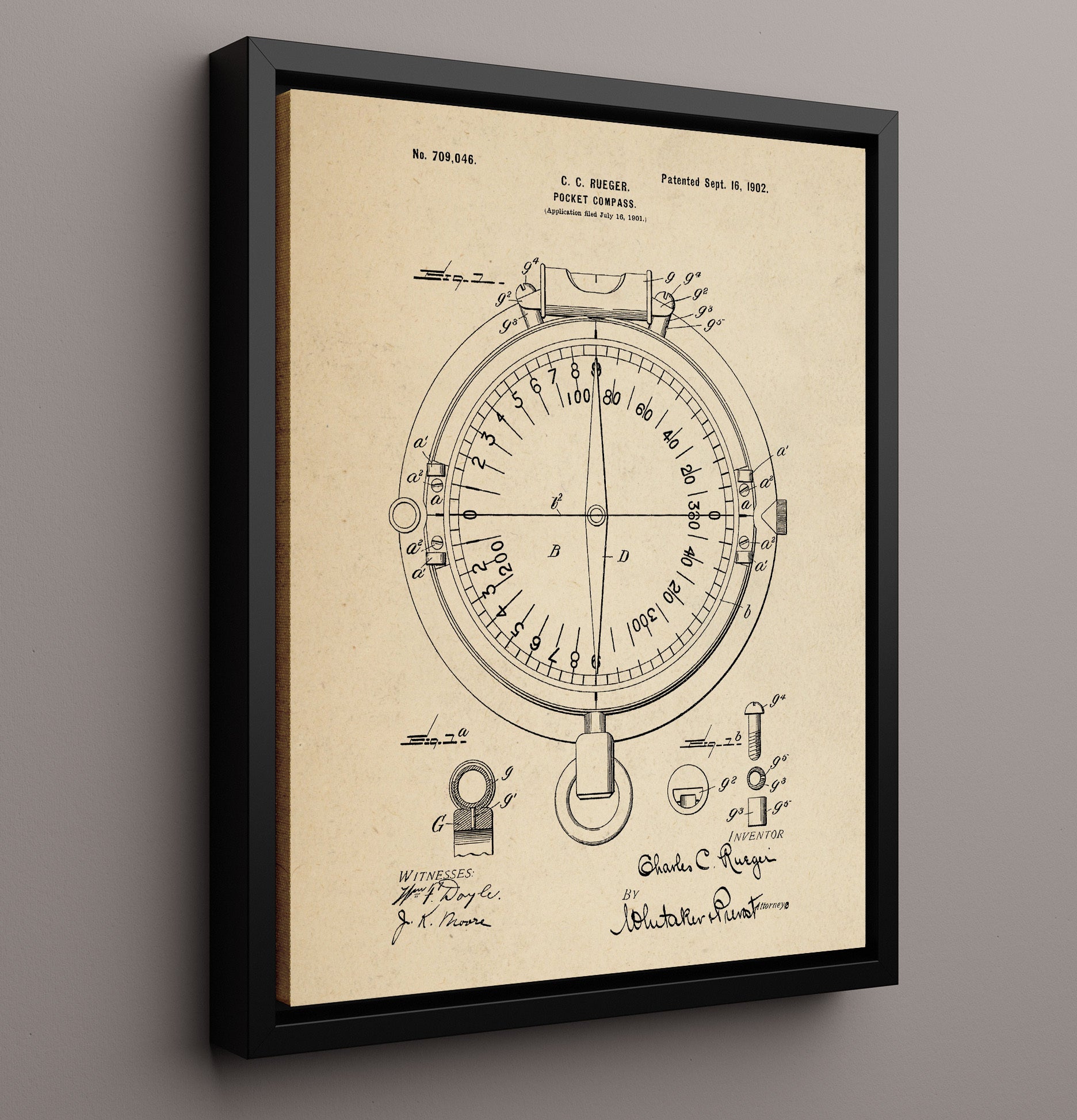 Patent Print - Pocket Compass - Charles C Rueger - 1902 - Patent 709046 Patent Wall Art