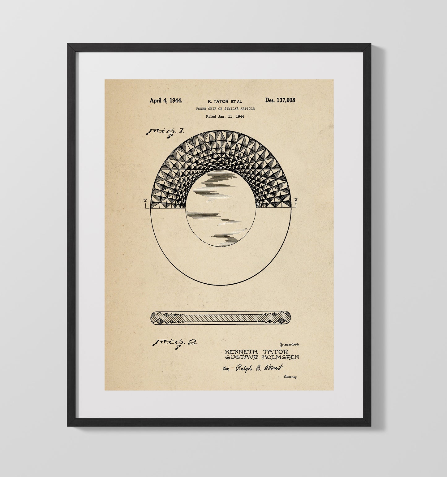 Patent Print - Poker Chip - Kenneth Tator - 1944 - Patent D137608 Patent Wall Art