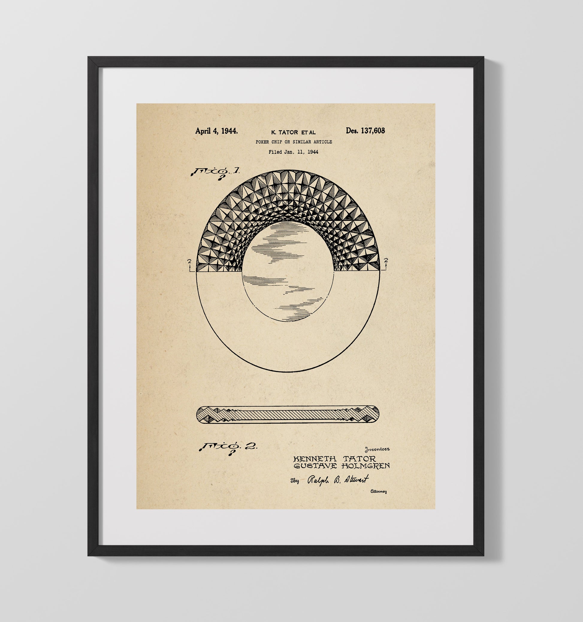 Patent Print - Poker Chip - Kenneth Tator - 1944 - Patent D137608 Patent Wall Art