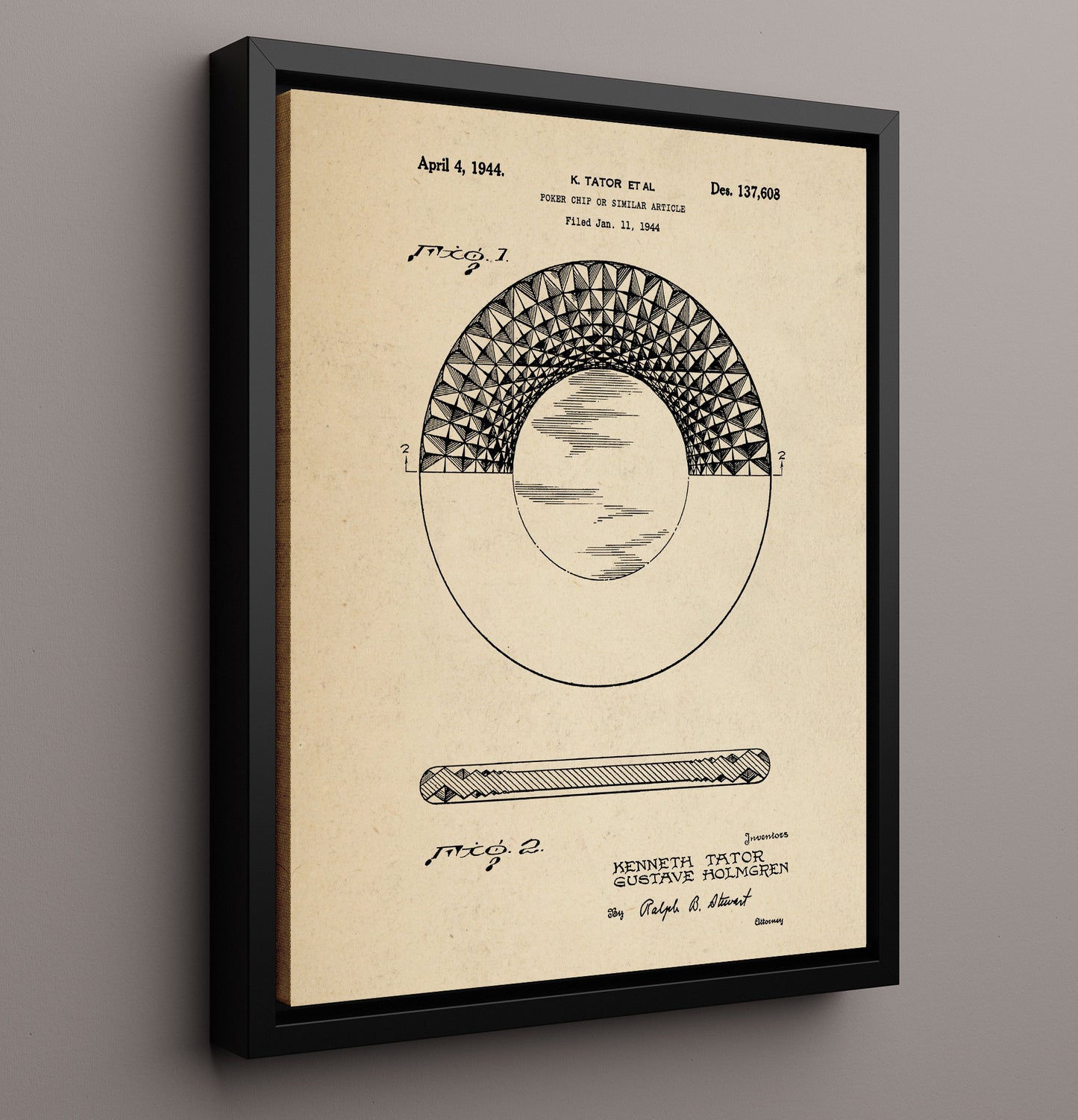 Patent Print - Poker Chip - Kenneth Tator - 1944 - Patent D137608 Patent Wall Art