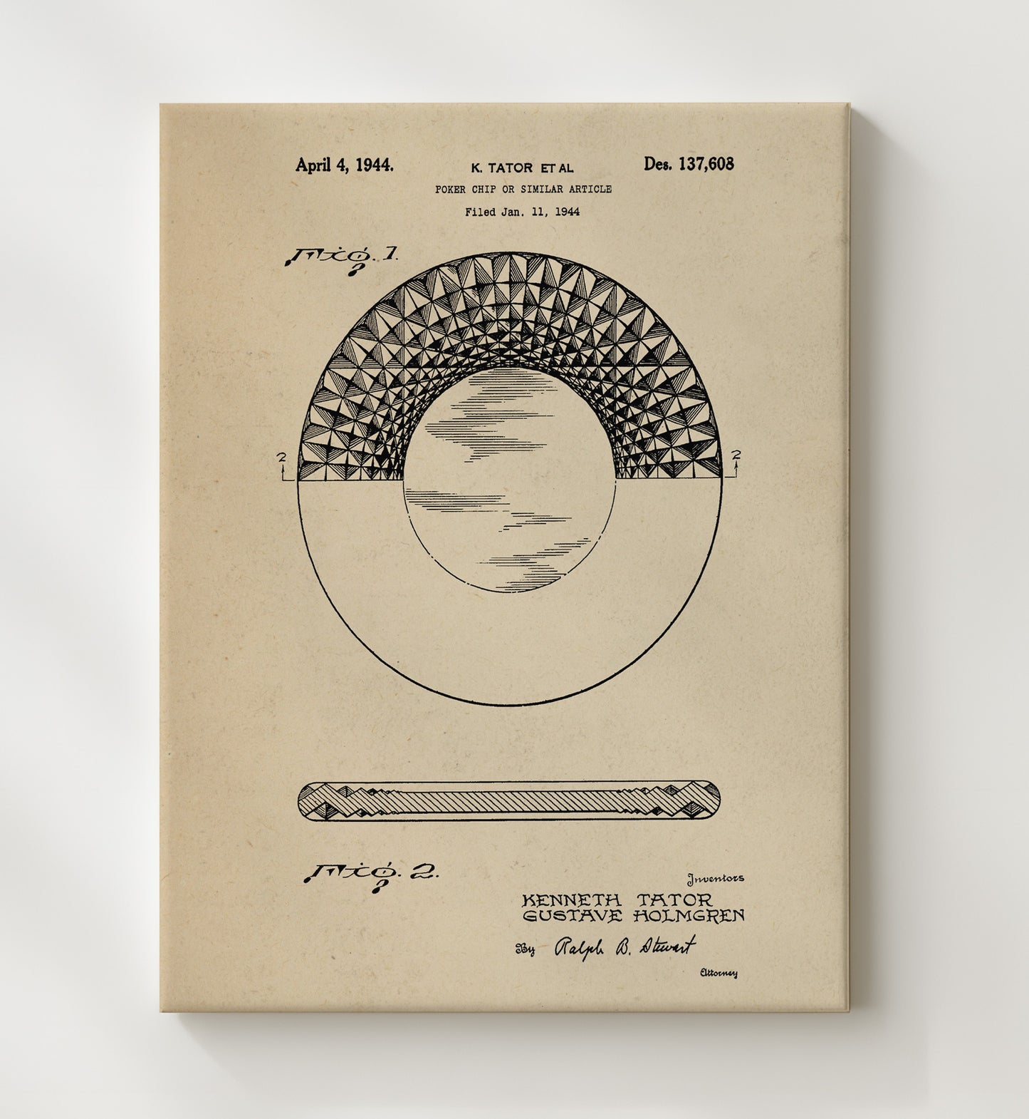Patent Print - Poker Chip - Kenneth Tator - 1944 - Patent D137608 Patent Wall Art