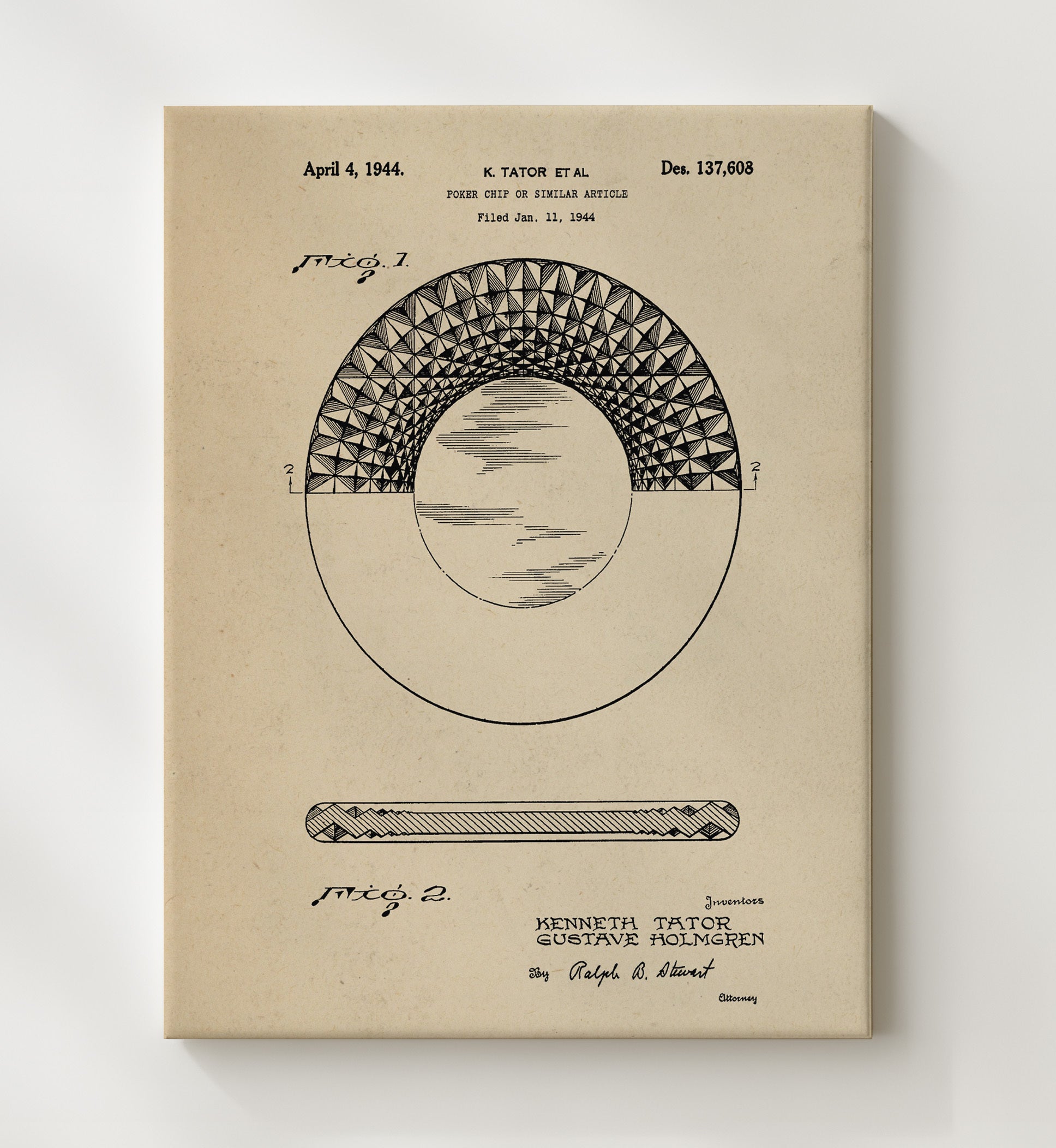 Patent Print - Poker Chip - Kenneth Tator - 1944 - Patent D137608 Patent Wall Art