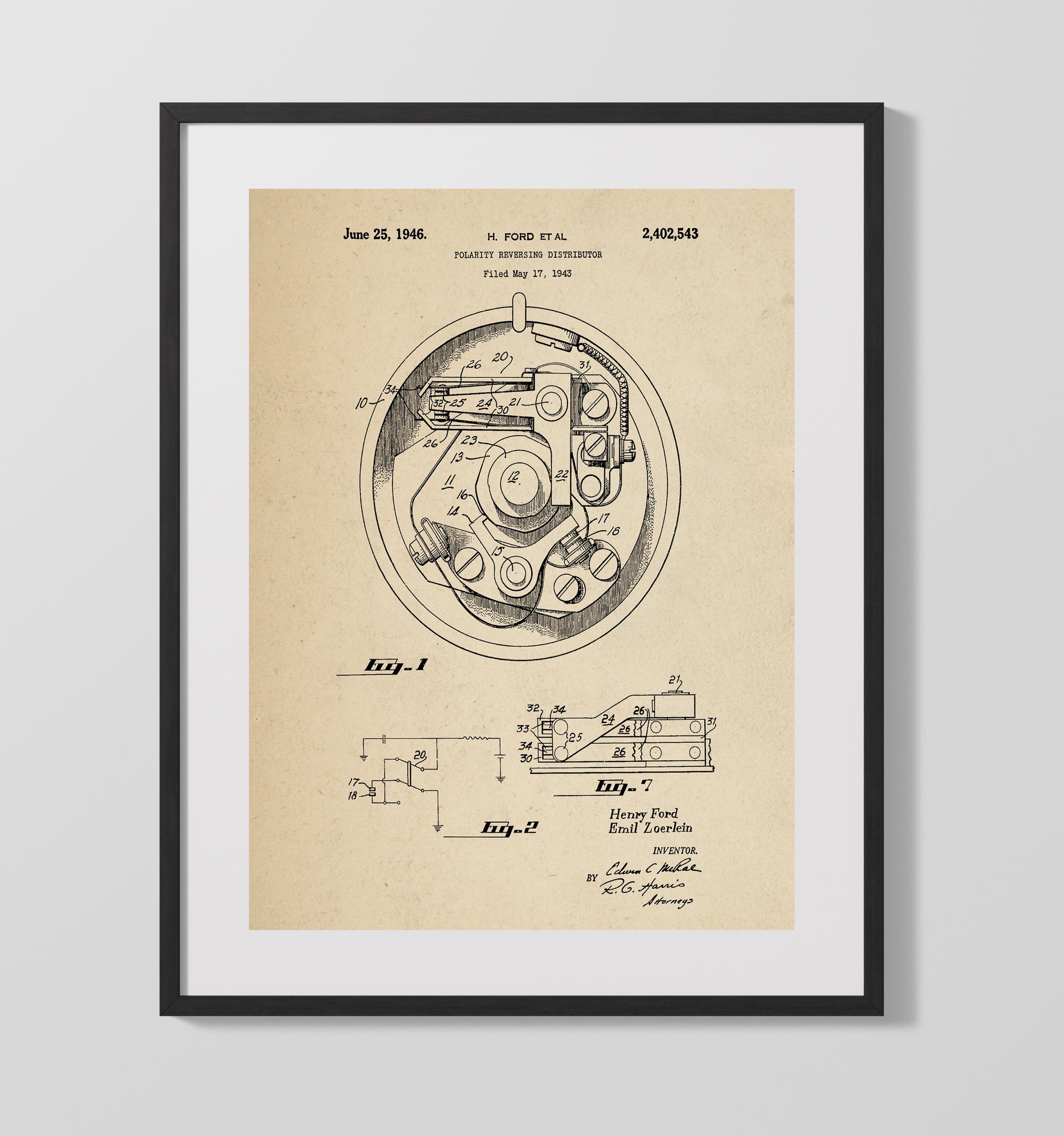 Patent Print - Polarity Reversing Distributor - Henry Ford Et Al - 1946 - Patent 2402543 Patent Wall Art