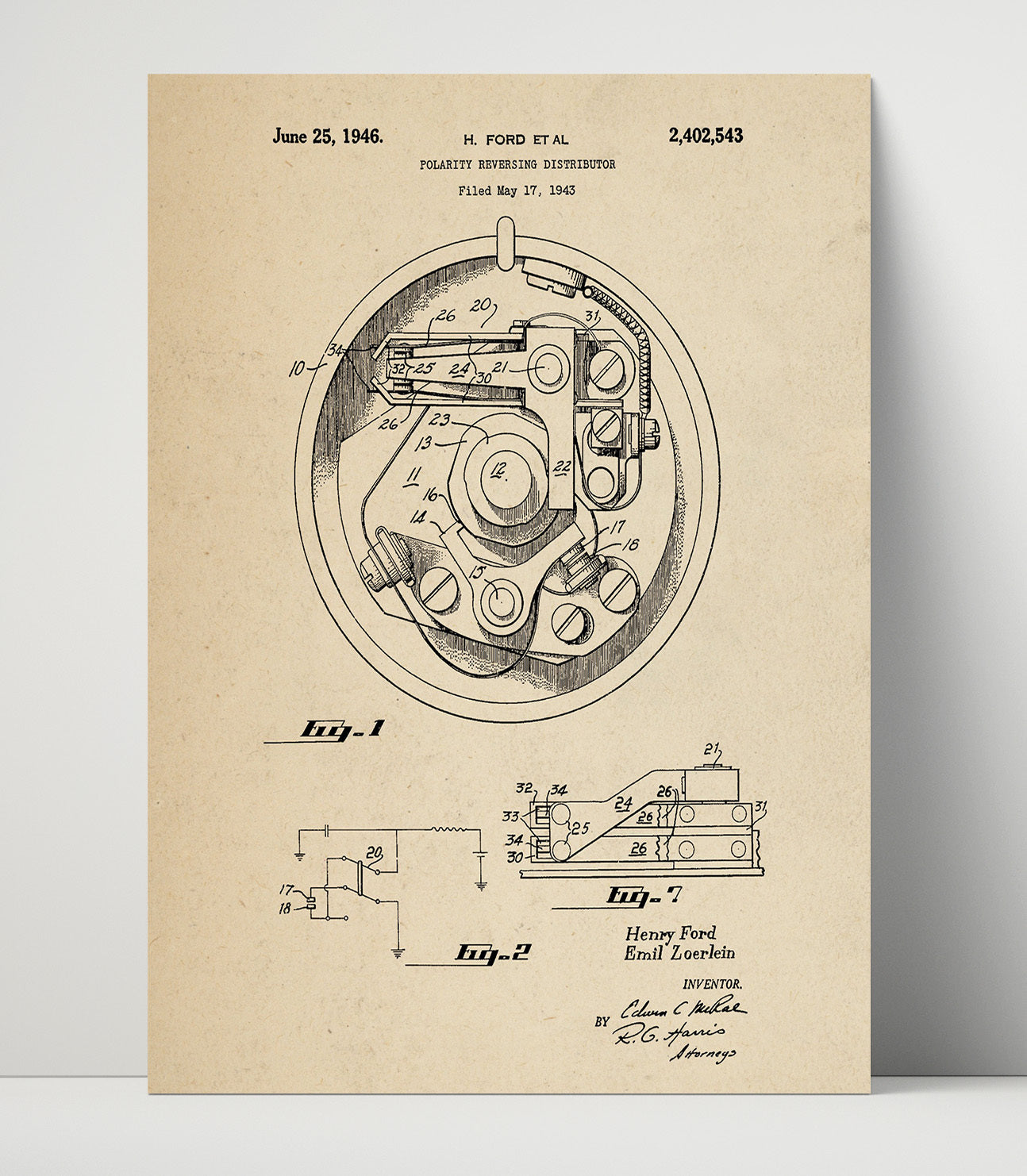Patent Print - Polarity Reversing Distributor - Henry Ford Et Al - 1946 - Patent 2402543 Patent Wall Art