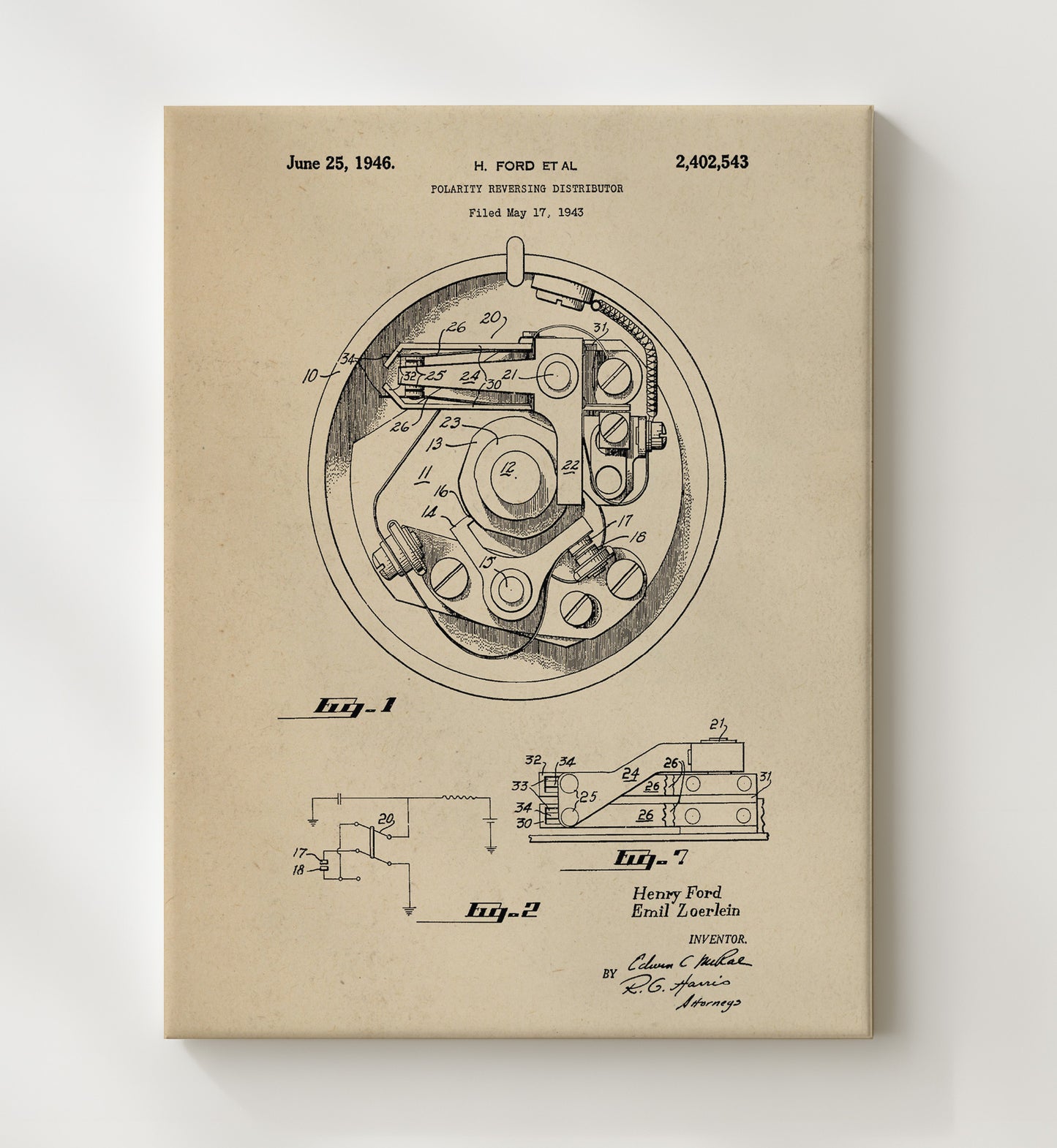 Patent Print - Polarity Reversing Distributor - Henry Ford Et Al - 1946 - Patent 2402543 Patent Wall Art