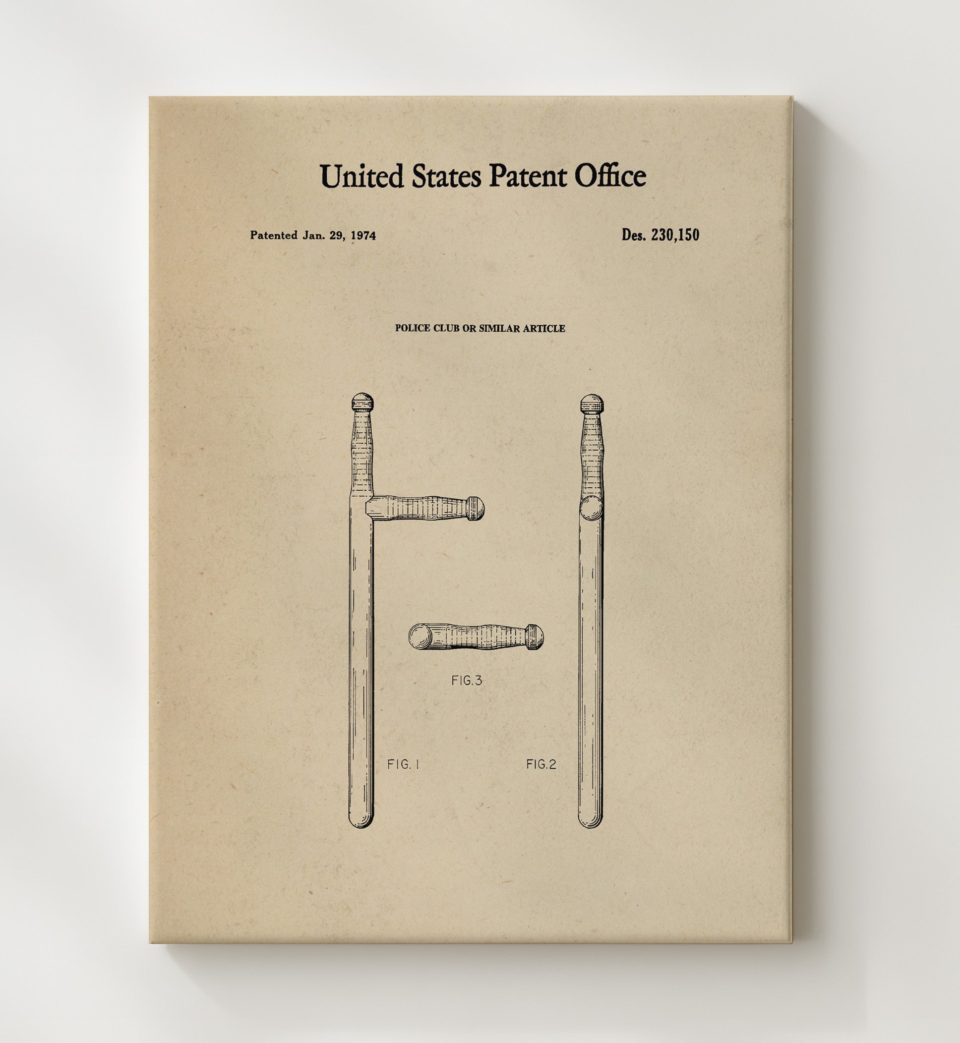 Patent Print - Police Club Or Similar Article - Unknown Inventor - 1974 - Patent 230150 Patent Wall Art
