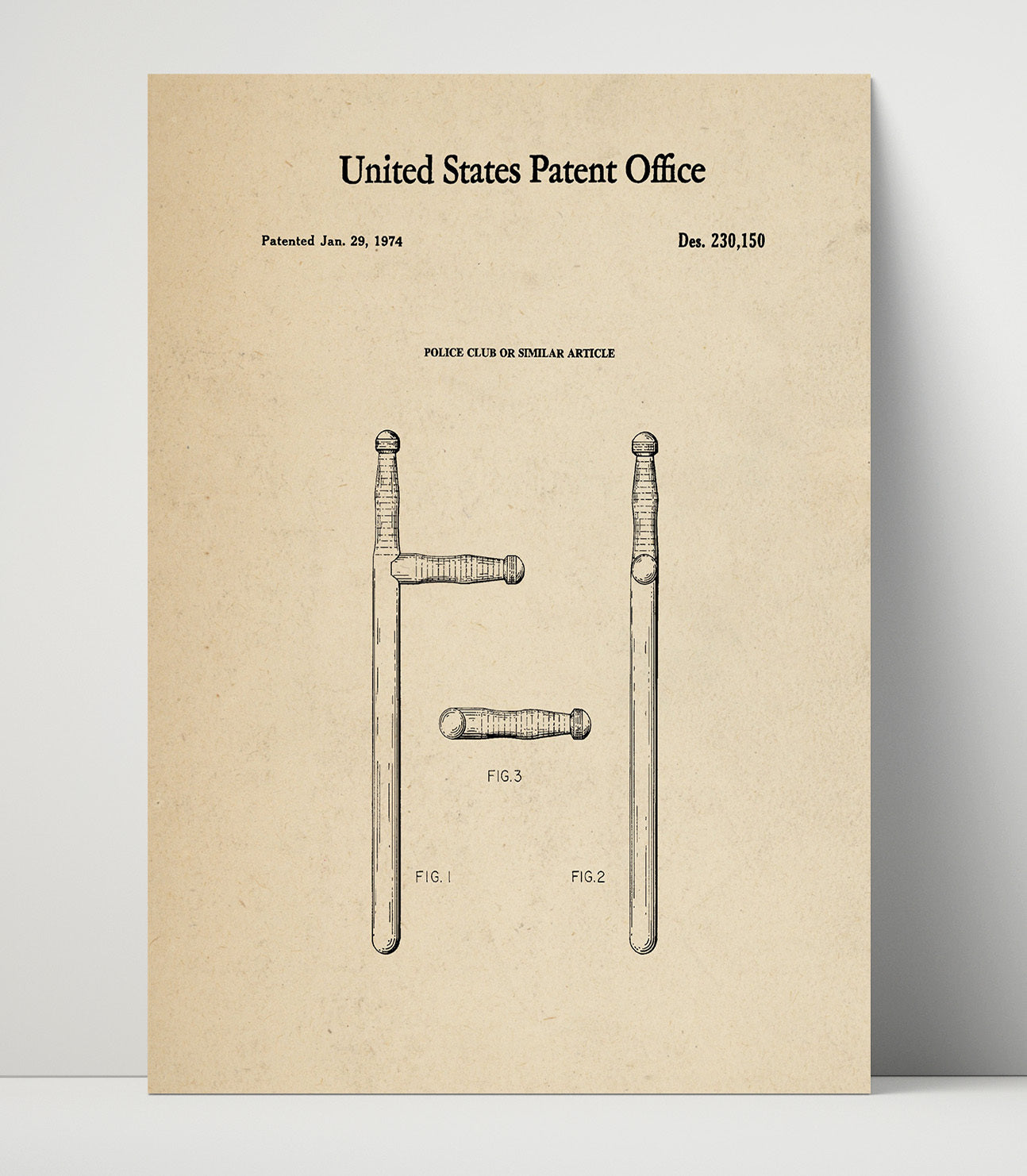 Patent Print - Police Club Or Similar Article - Unknown Inventor - 1974 - Patent 230150 Patent Wall Art