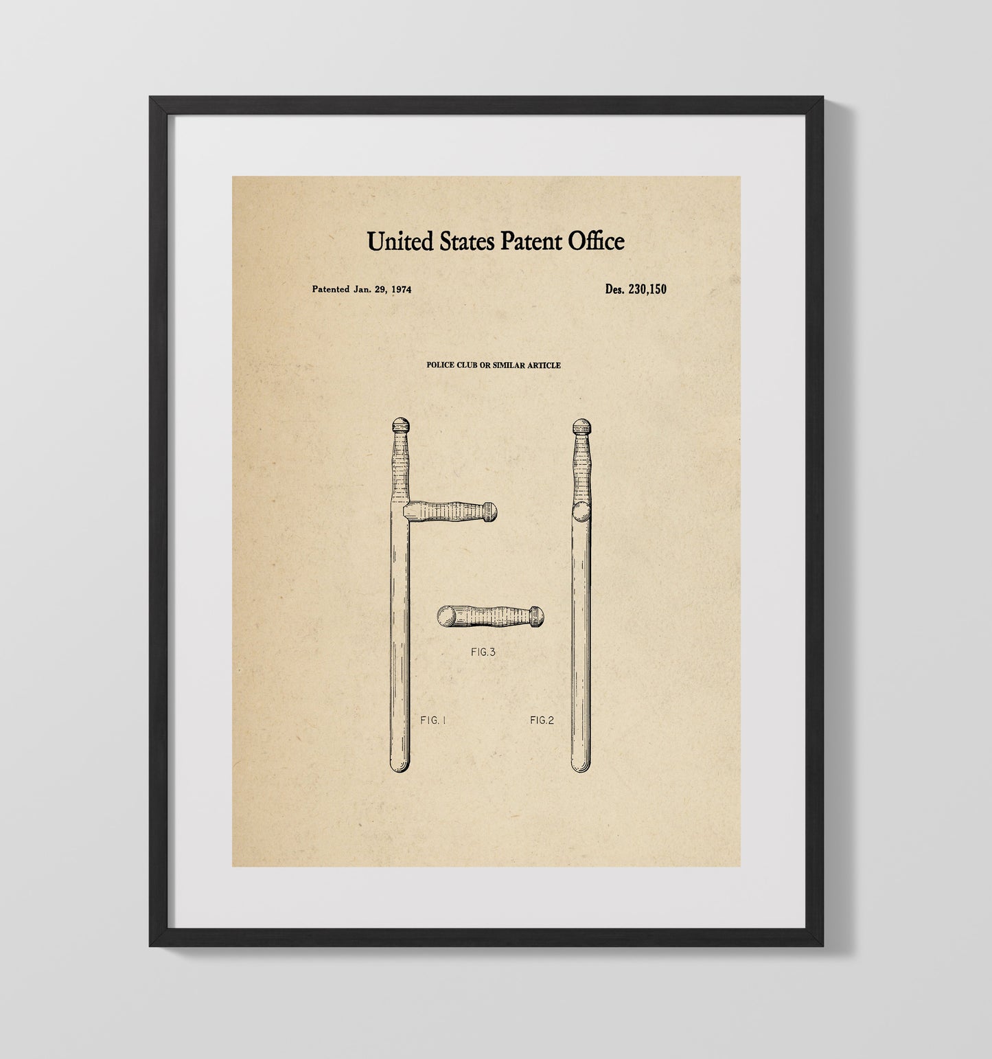 Patent Print - Police Club Or Similar Article - Unknown Inventor - 1974 - Patent 230150 Patent Wall Art