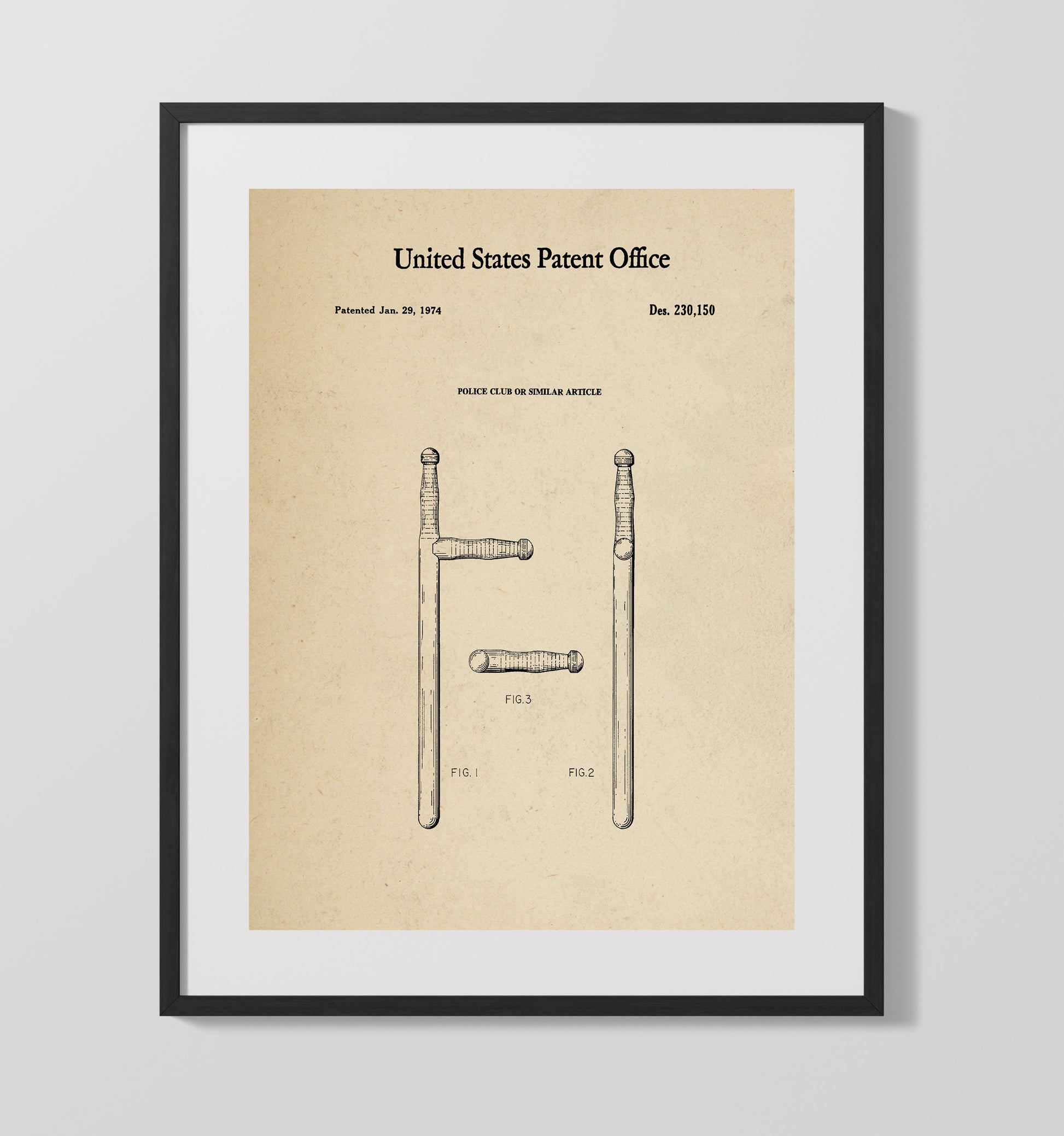 Patent Print - Police Club Or Similar Article - Unknown Inventor - 1974 - Patent 230150 Patent Wall Art