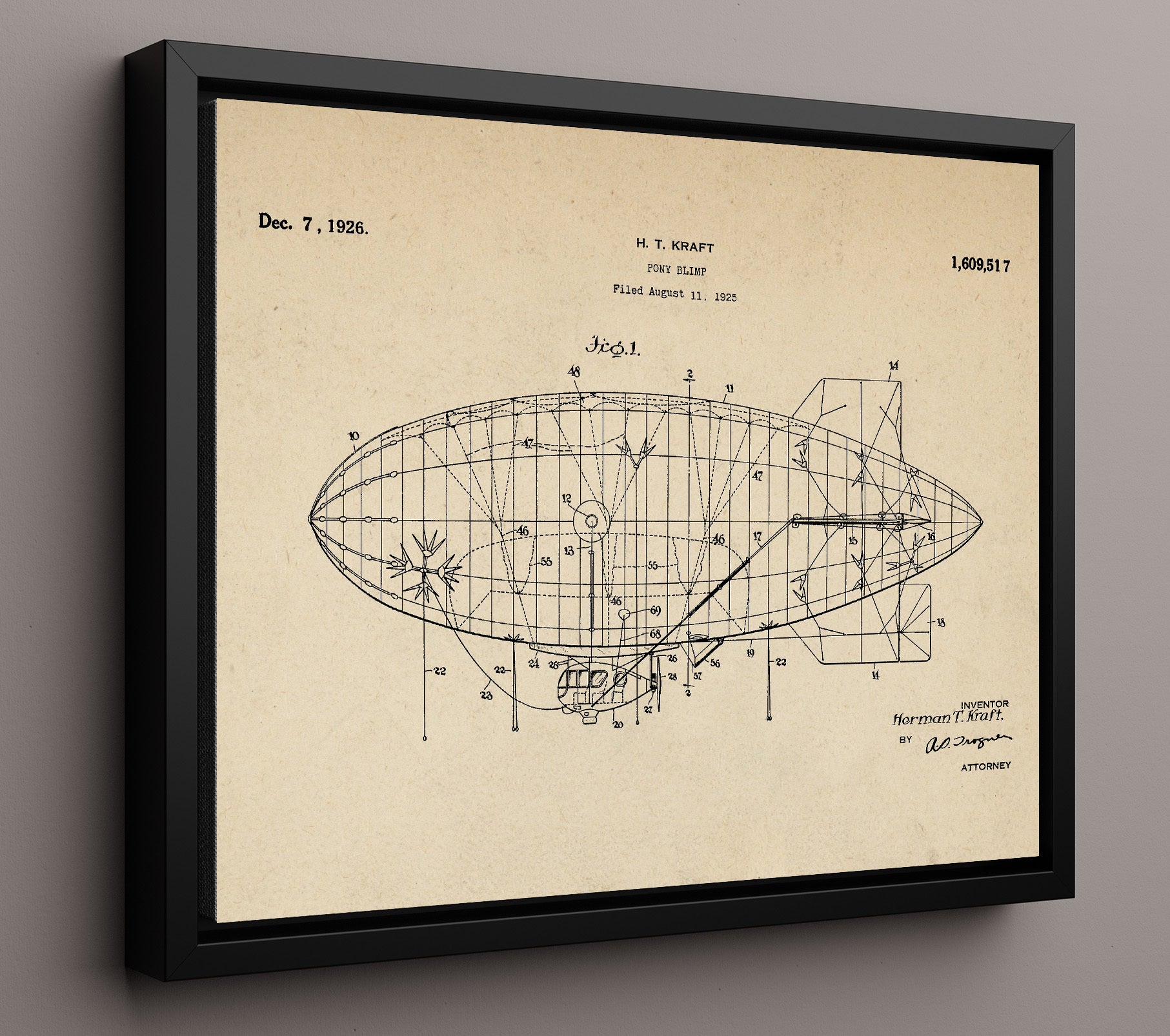 Patent Print - Pony Blimp - Herman T Kraft - 1926 - Patent 1609517 - Landscape Patent Wall Art