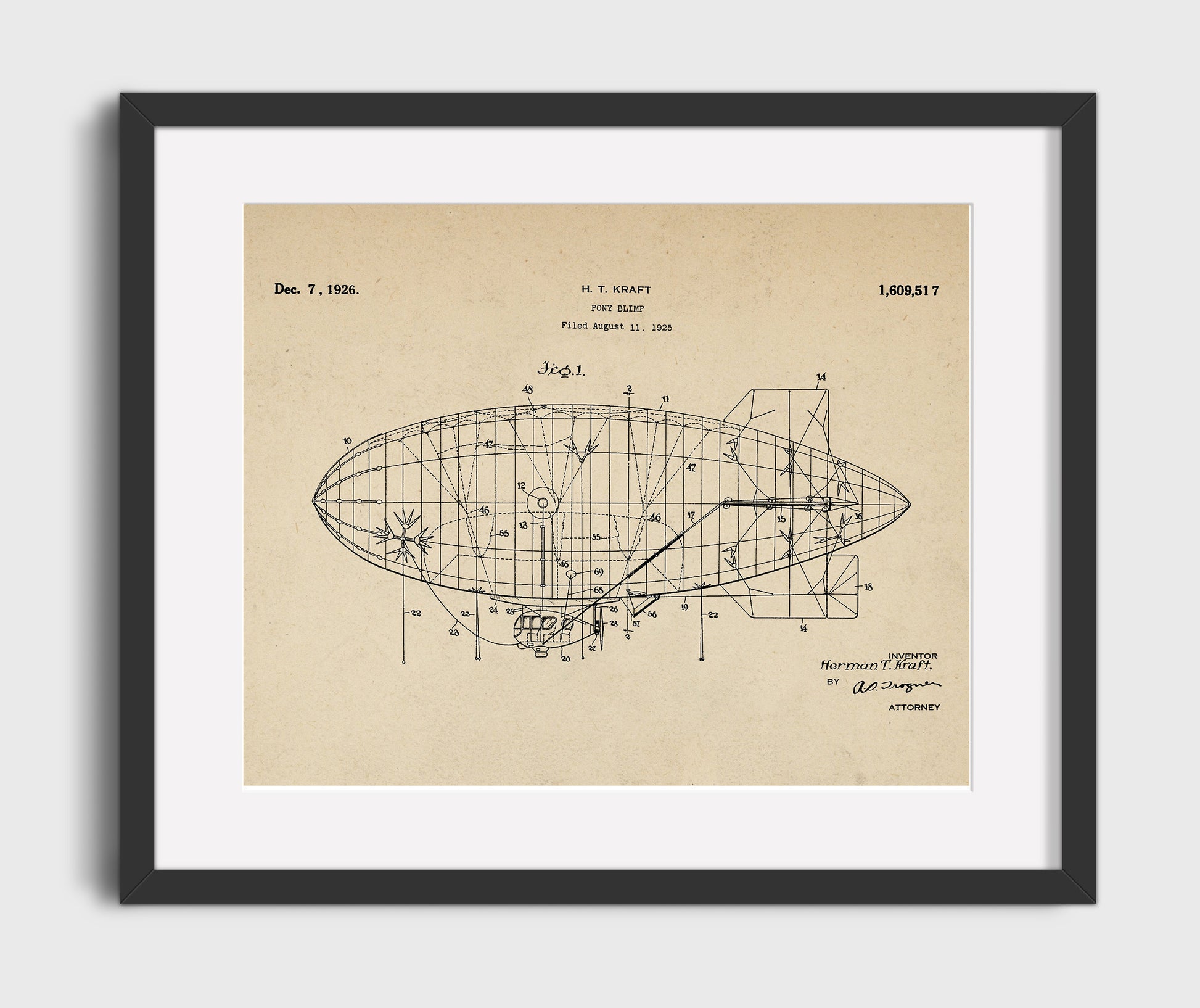 Patent Print - Pony Blimp - Herman T Kraft - 1926 - Patent 1609517 - Landscape Patent Wall Art