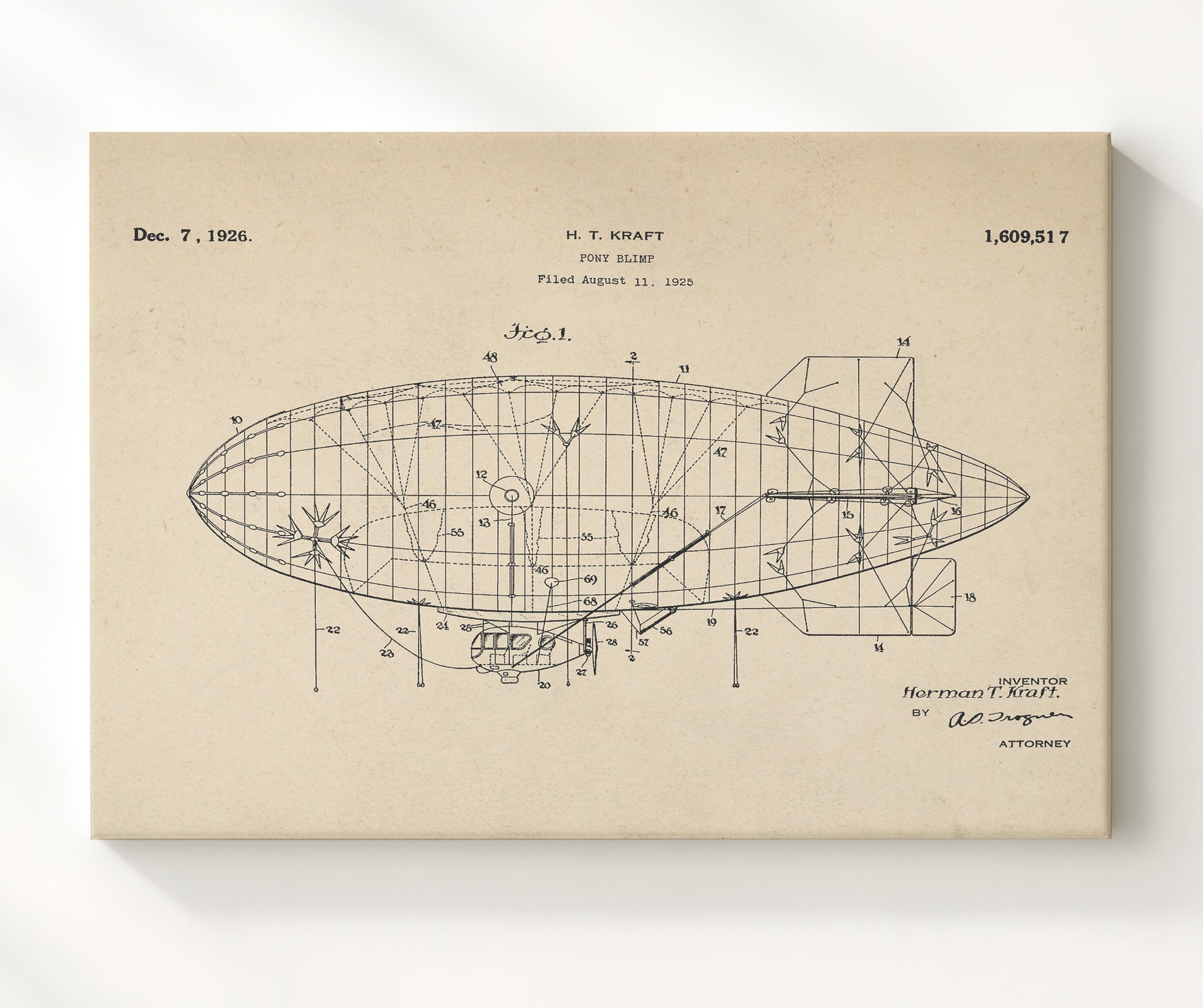 Patent Print - Pony Blimp - Herman T Kraft - 1926 - Patent 1609517 - Landscape Patent Wall Art