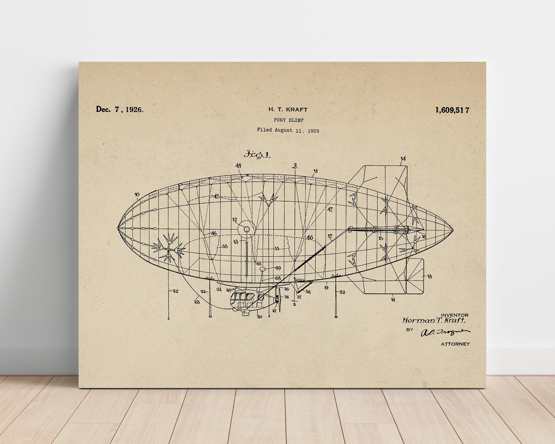 Patent Print - Pony Blimp - Herman T Kraft - 1926 - Patent 1609517 - Landscape Patent Wall Art