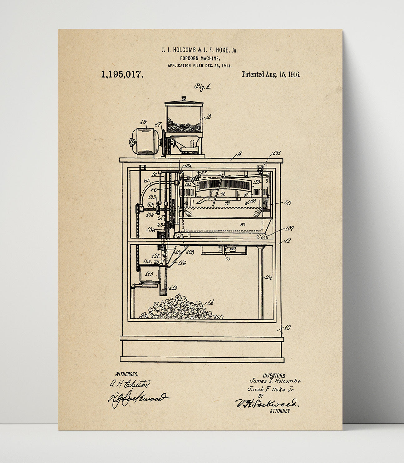 Patent Print - Popcorn Machine - J.I. Holcomb And J.F. Hoke Jr. - 1916 - Patent 1195017 Patent Wall Art