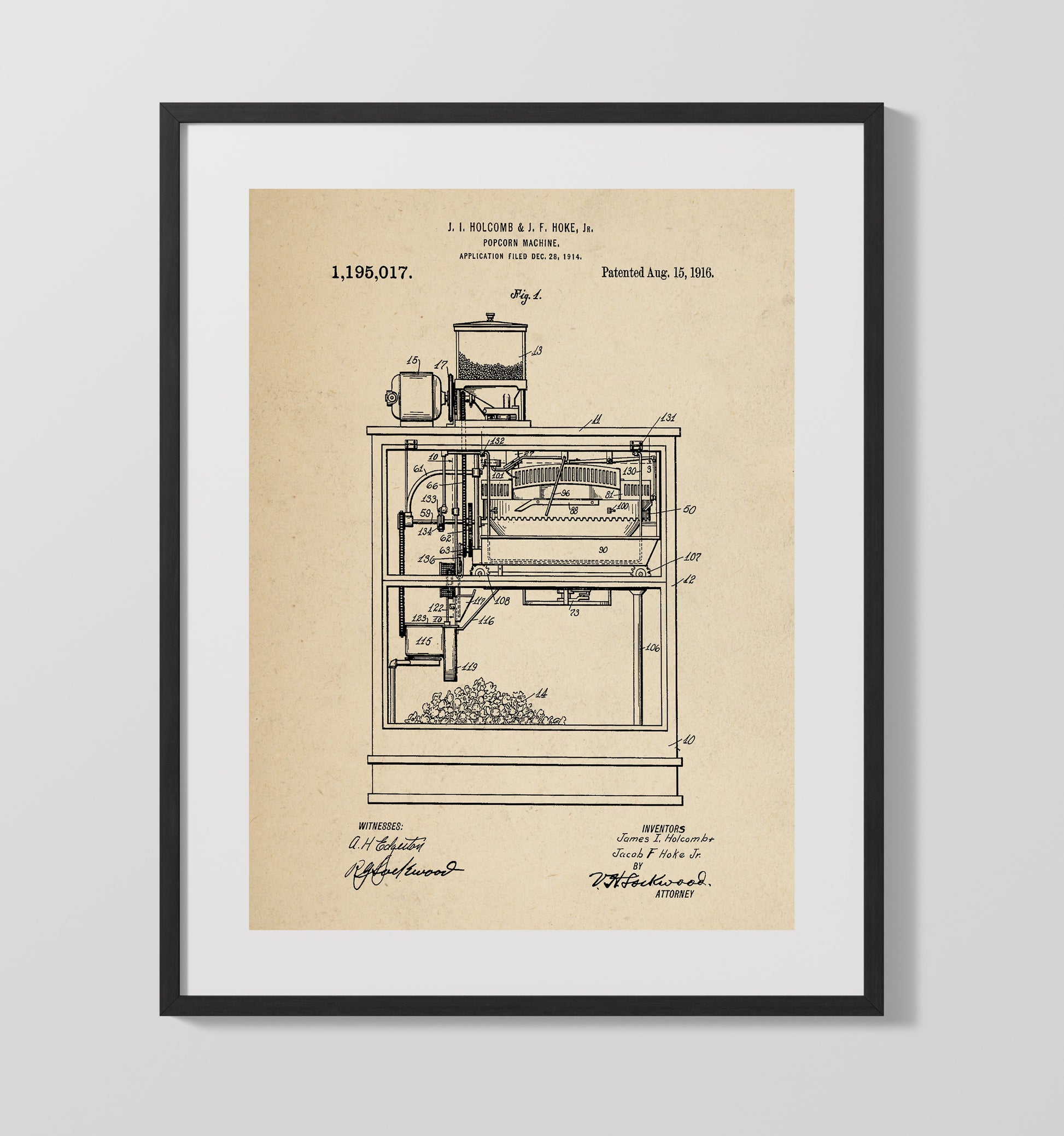 Patent Print - Popcorn Machine - J.I. Holcomb And J.F. Hoke Jr. - 1916 - Patent 1195017 Patent Wall Art