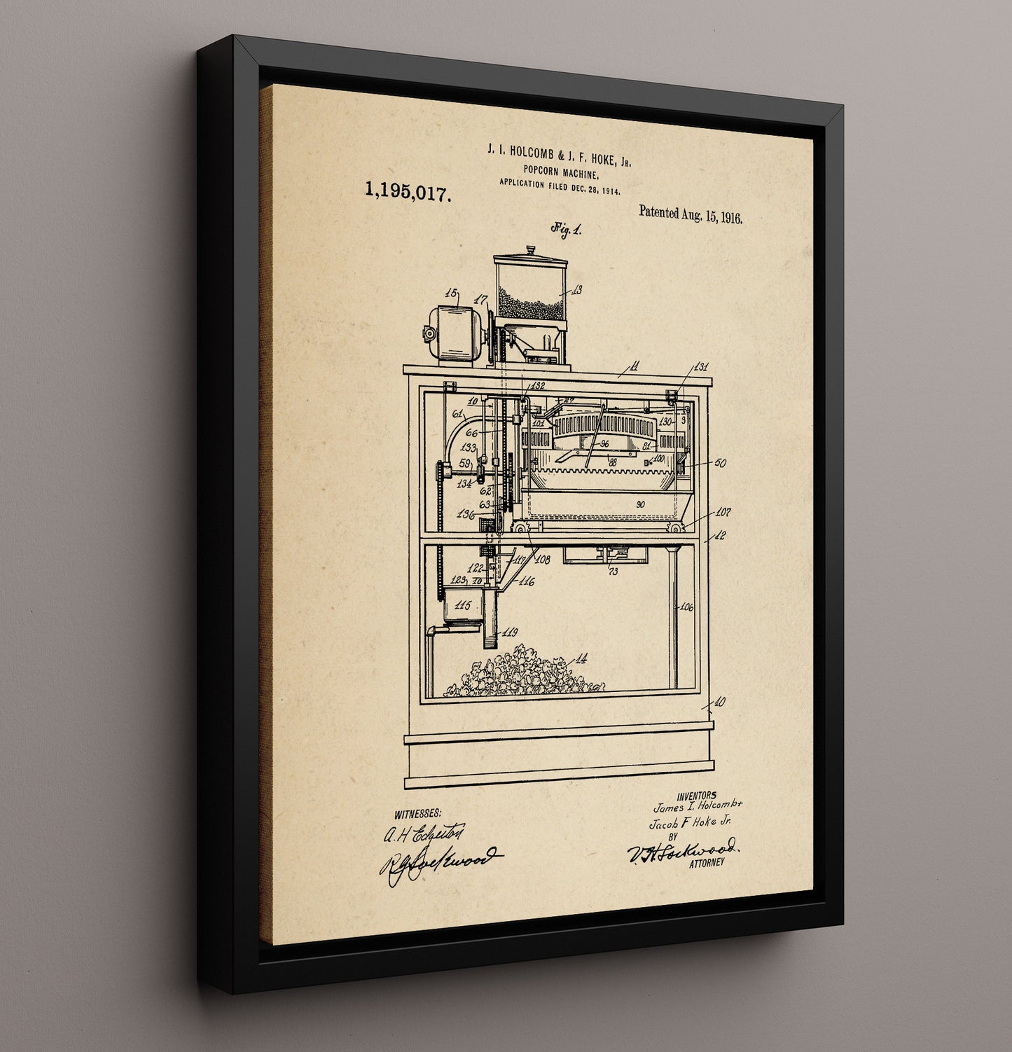 Patent Print - Popcorn Machine - J.I. Holcomb And J.F. Hoke Jr. - 1916 - Patent 1195017 Patent Wall Art