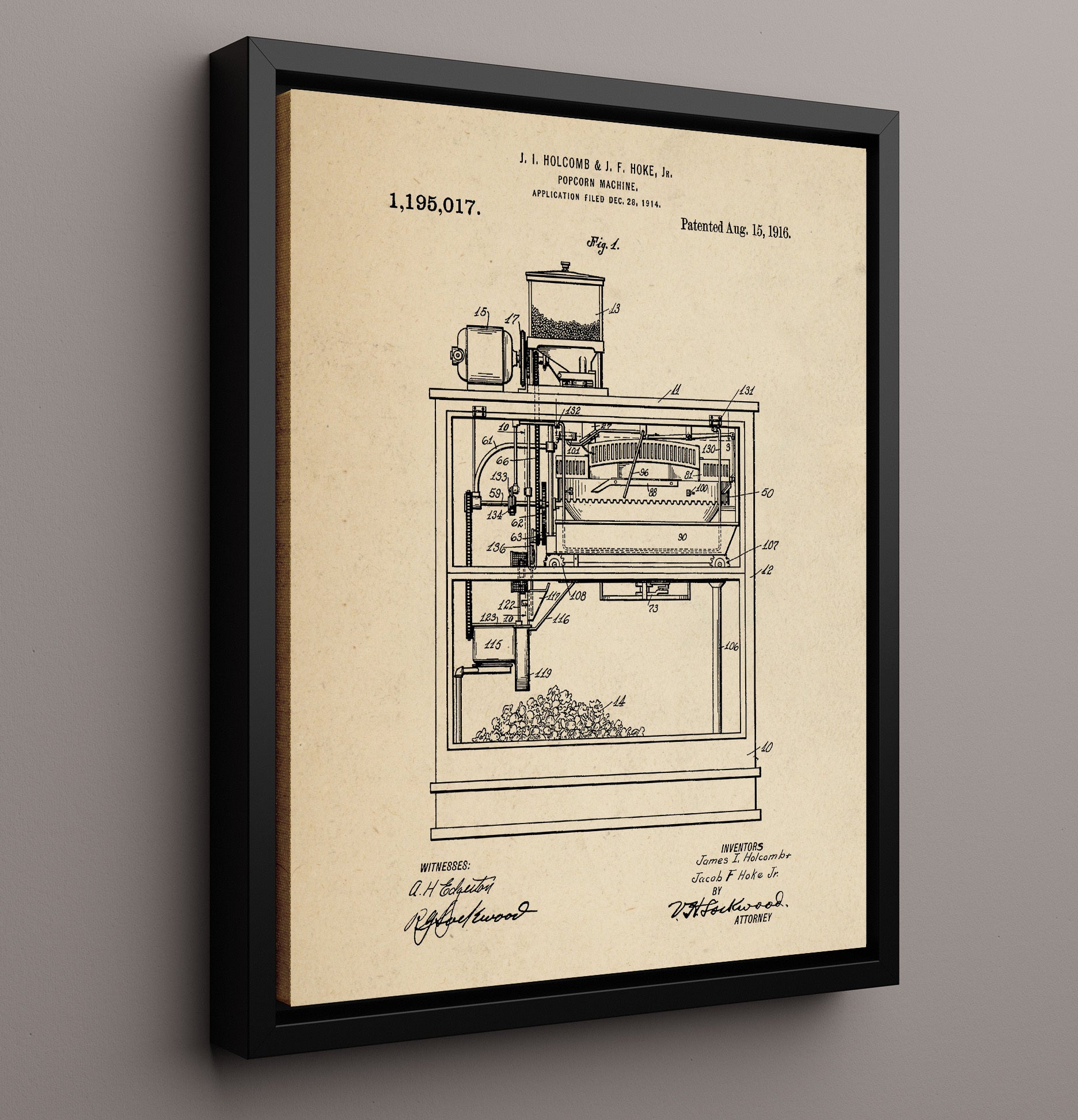 Patent Print - Popcorn Machine - J.I. Holcomb And J.F. Hoke Jr. - 1916 - Patent 1195017 Patent Wall Art