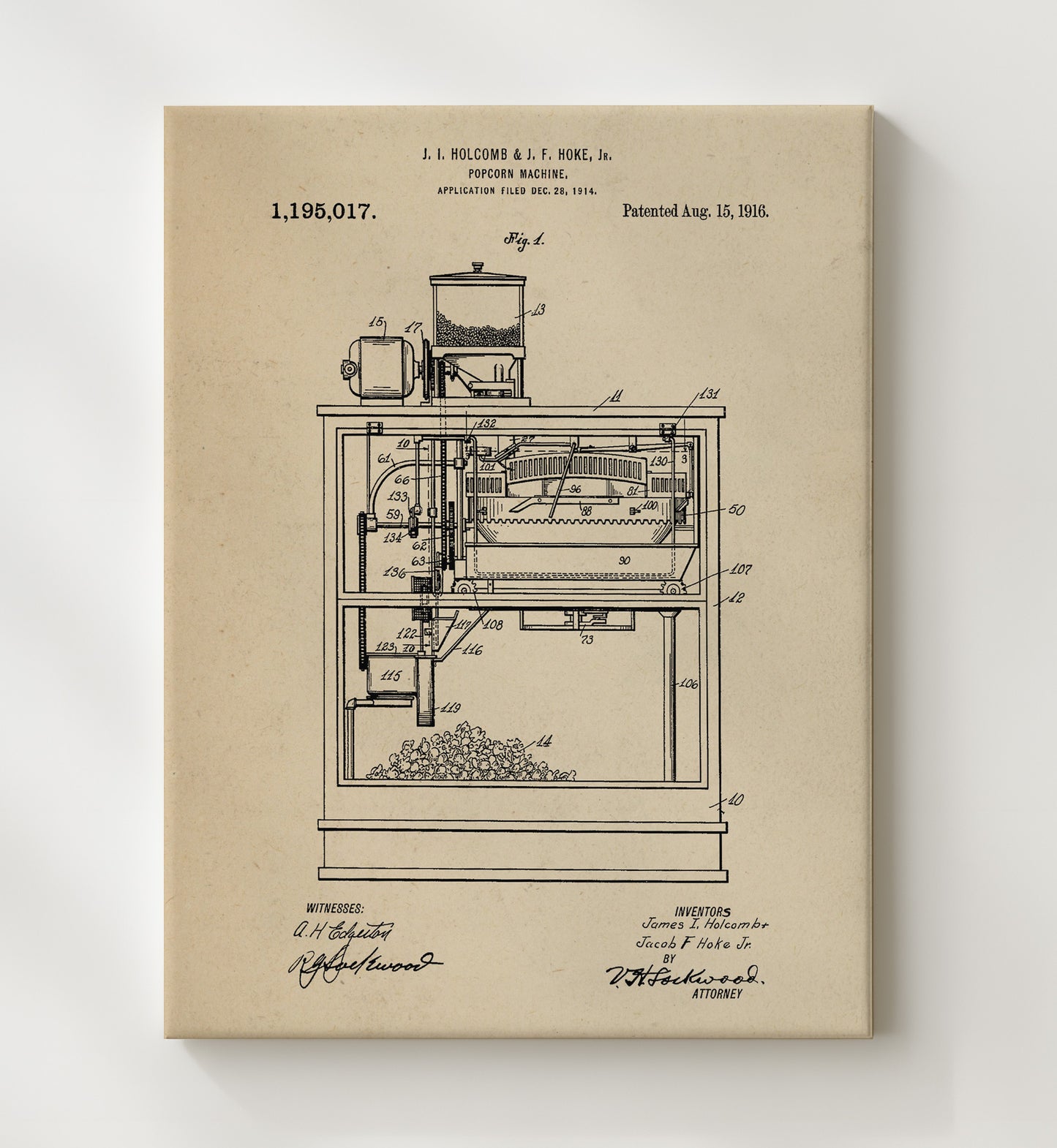 Patent Print - Popcorn Machine - J.I. Holcomb And J.F. Hoke Jr. - 1916 - Patent 1195017 Patent Wall Art