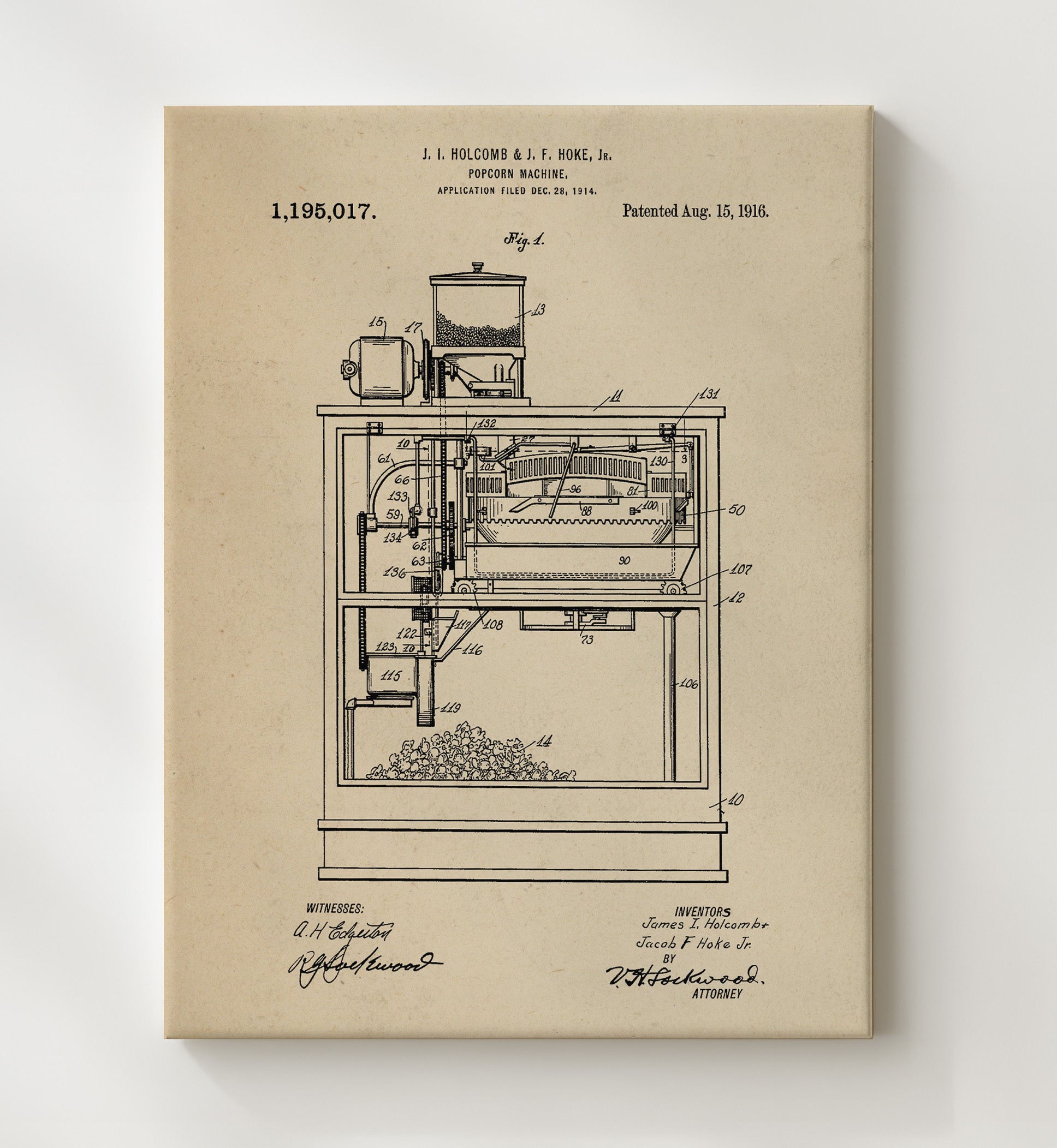 Patent Print - Popcorn Machine - J.I. Holcomb And J.F. Hoke Jr. - 1916 - Patent 1195017 Patent Wall Art