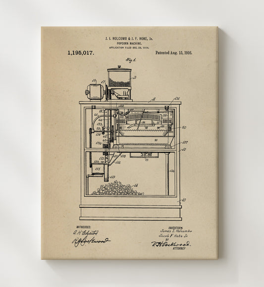 Popcorn Machine 1916 patent print wall art 8x10 Canvas