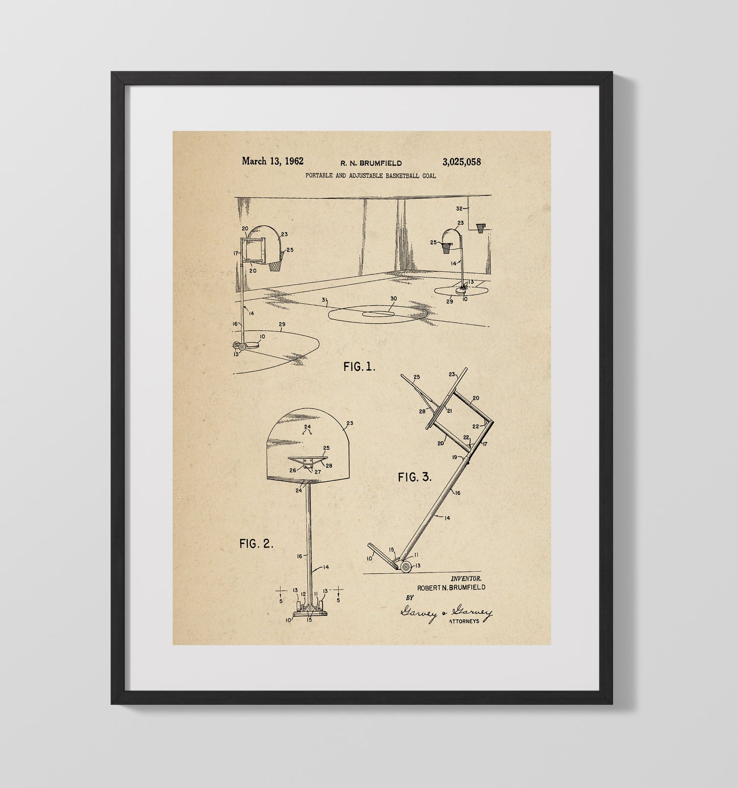 Patent Print - Portable Adjustable Basketball Goal - R N Brumfield - 1962 - Patent 3025058 Patent Wall Art