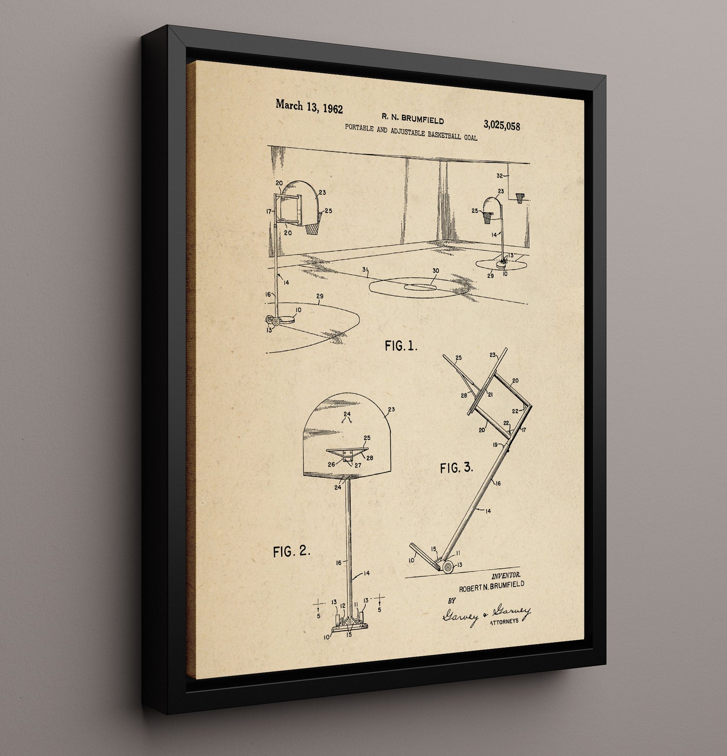 Patent Print - Portable Adjustable Basketball Goal - R N Brumfield - 1962 - Patent 3025058 Patent Wall Art