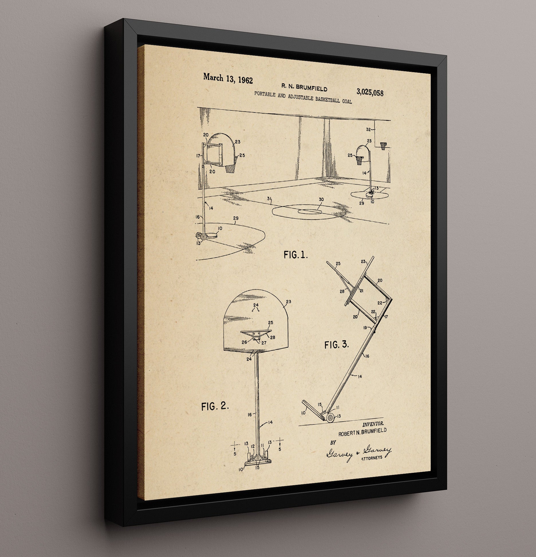 Patent Print - Portable Adjustable Basketball Goal - R N Brumfield - 1962 - Patent 3025058 Patent Wall Art