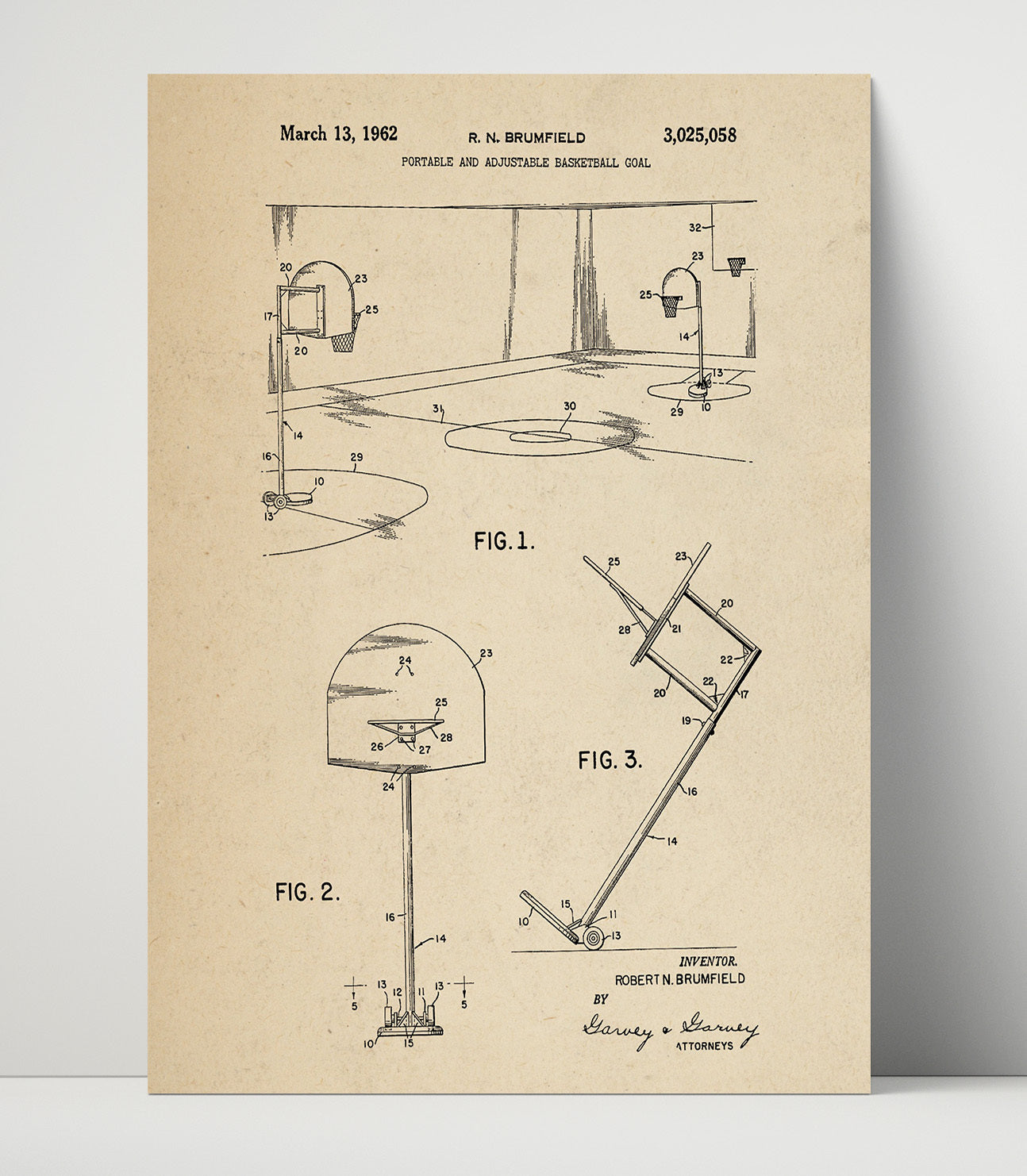 Patent Print - Portable Adjustable Basketball Goal - R N Brumfield - 1962 - Patent 3025058 Patent Wall Art
