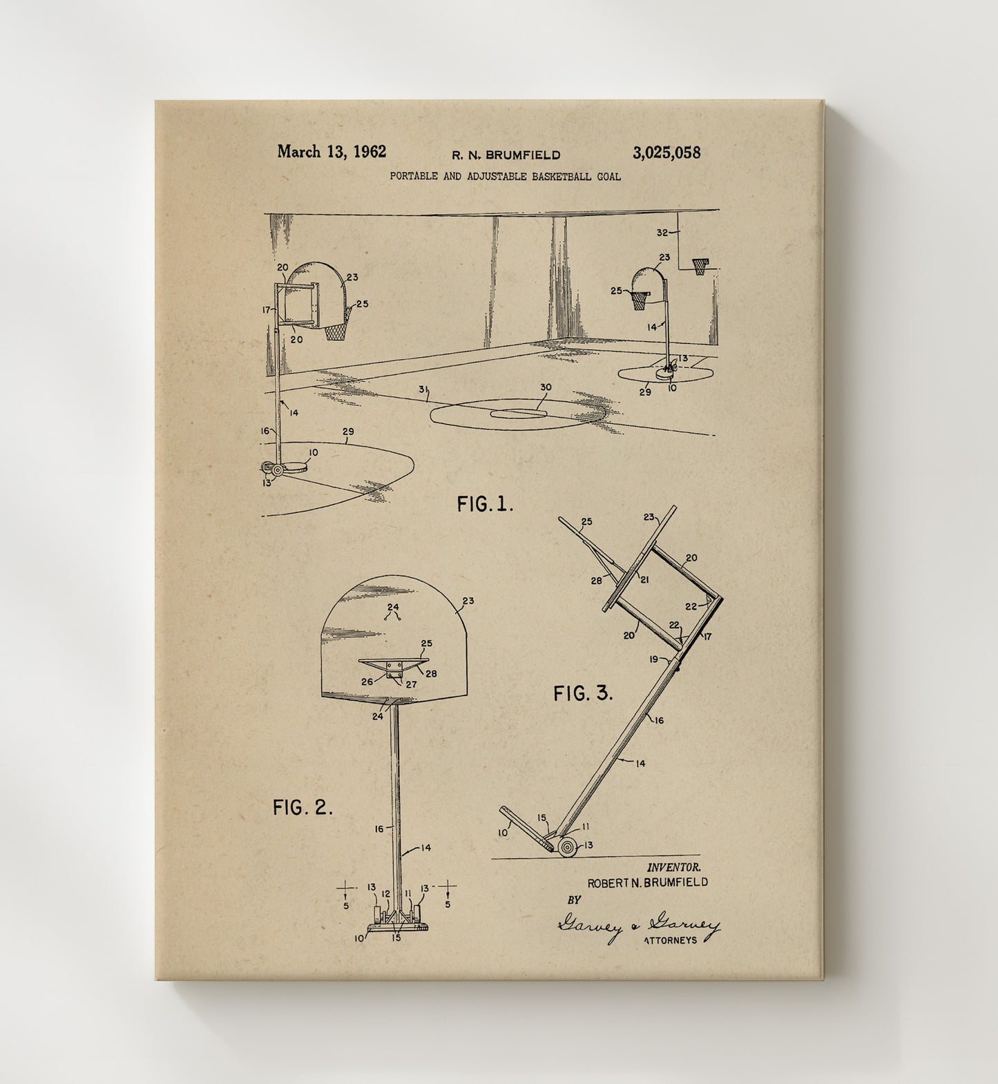 Patent Print - Portable Adjustable Basketball Goal - R N Brumfield - 1962 - Patent 3025058 Patent Wall Art