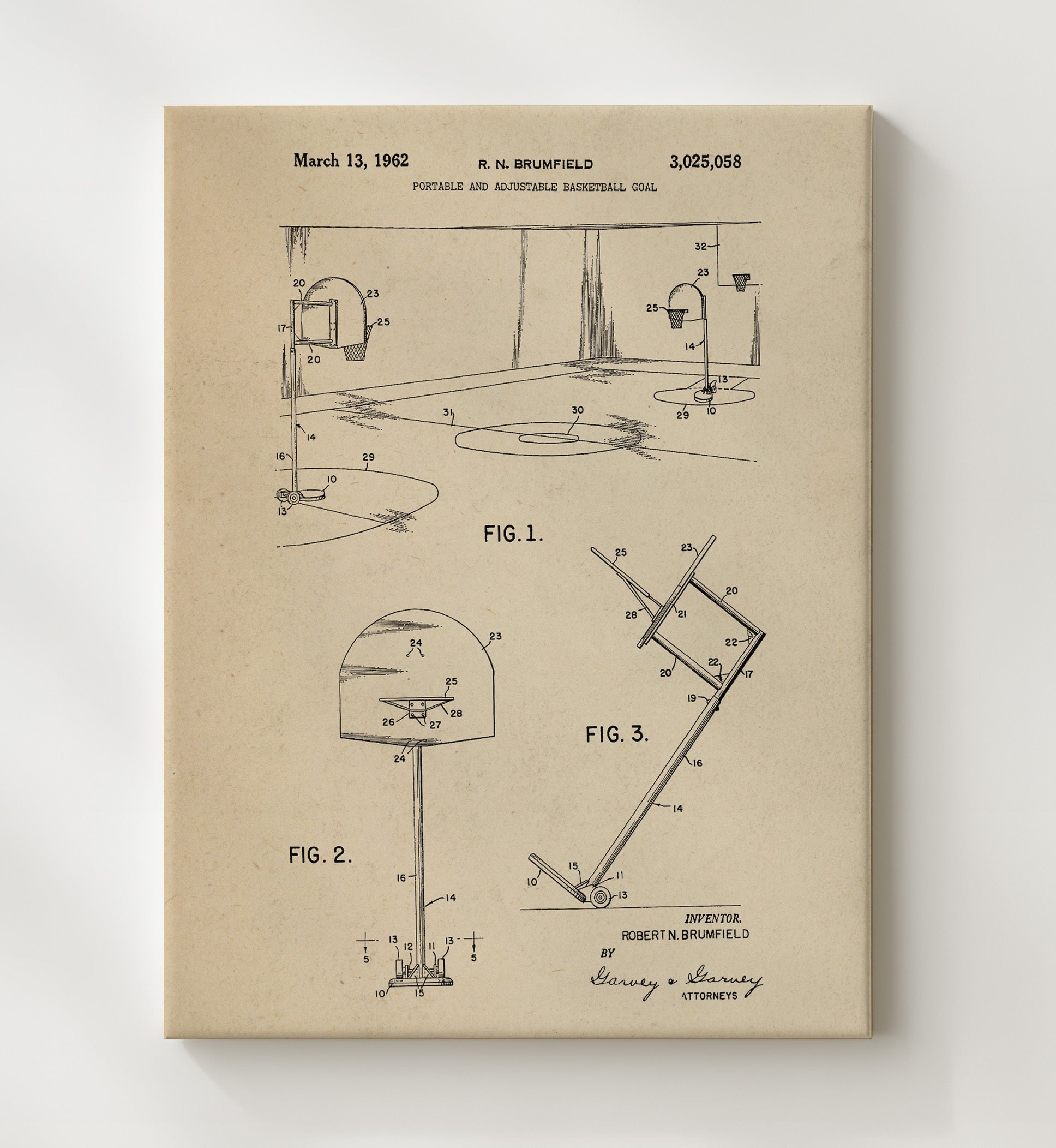 Patent Print - Portable Adjustable Basketball Goal - R N Brumfield - 1962 - Patent 3025058 Patent Wall Art