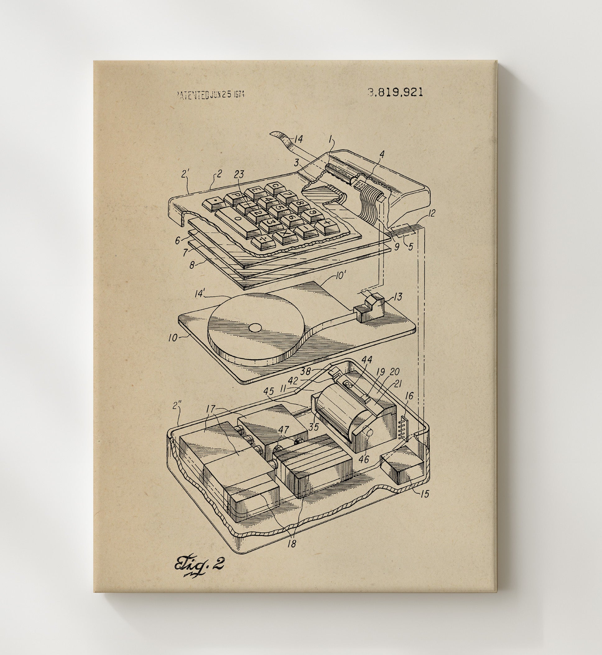 Patent Print - Portable Electronic Calculator - Unknown Inventor - 1974 - Patent 3819921 Patent Wall Art