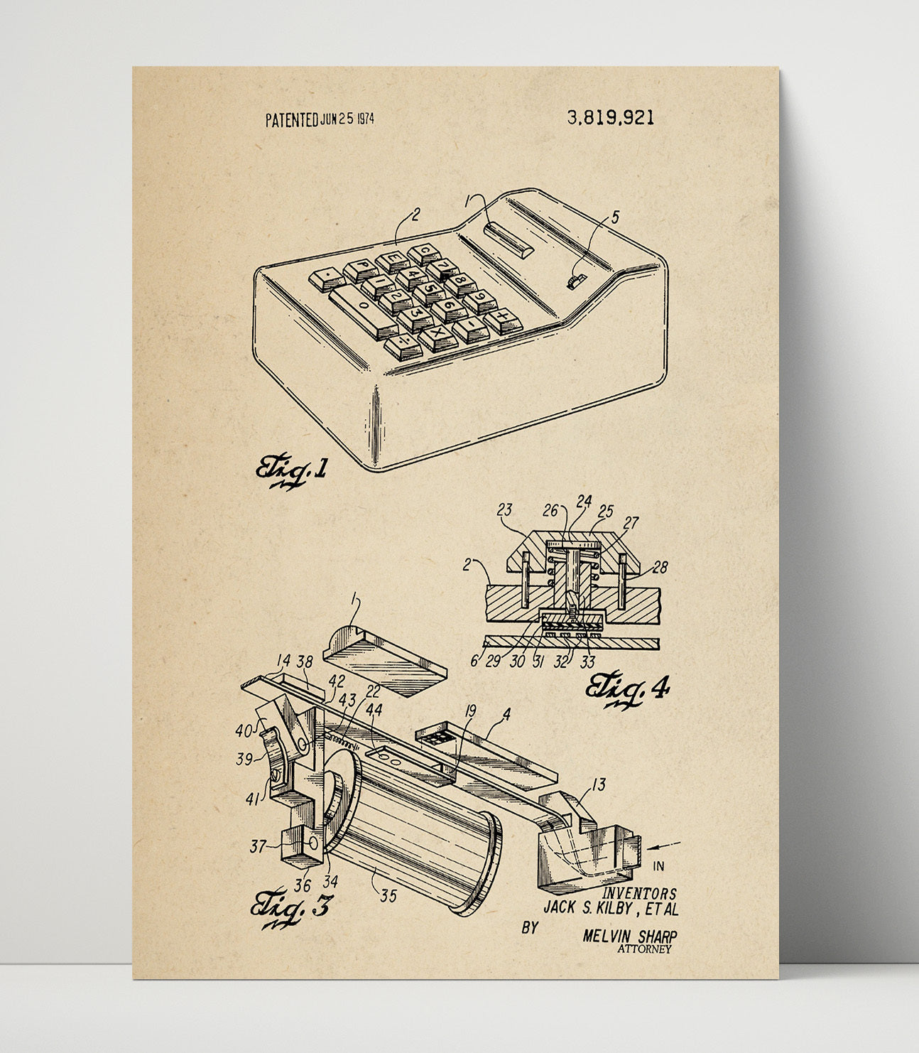 Patent Print - Portable Electronic Calculator Internal Mechanism - Jack S Kilby - 1974 - Patent 3819921 - Portrait Alt 2 Patent Wall Art