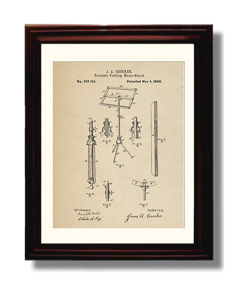 Patent Print - Portable Folding Music Stand - James A. Crocker - 1880 - Patent 227152 Patent Wall Art