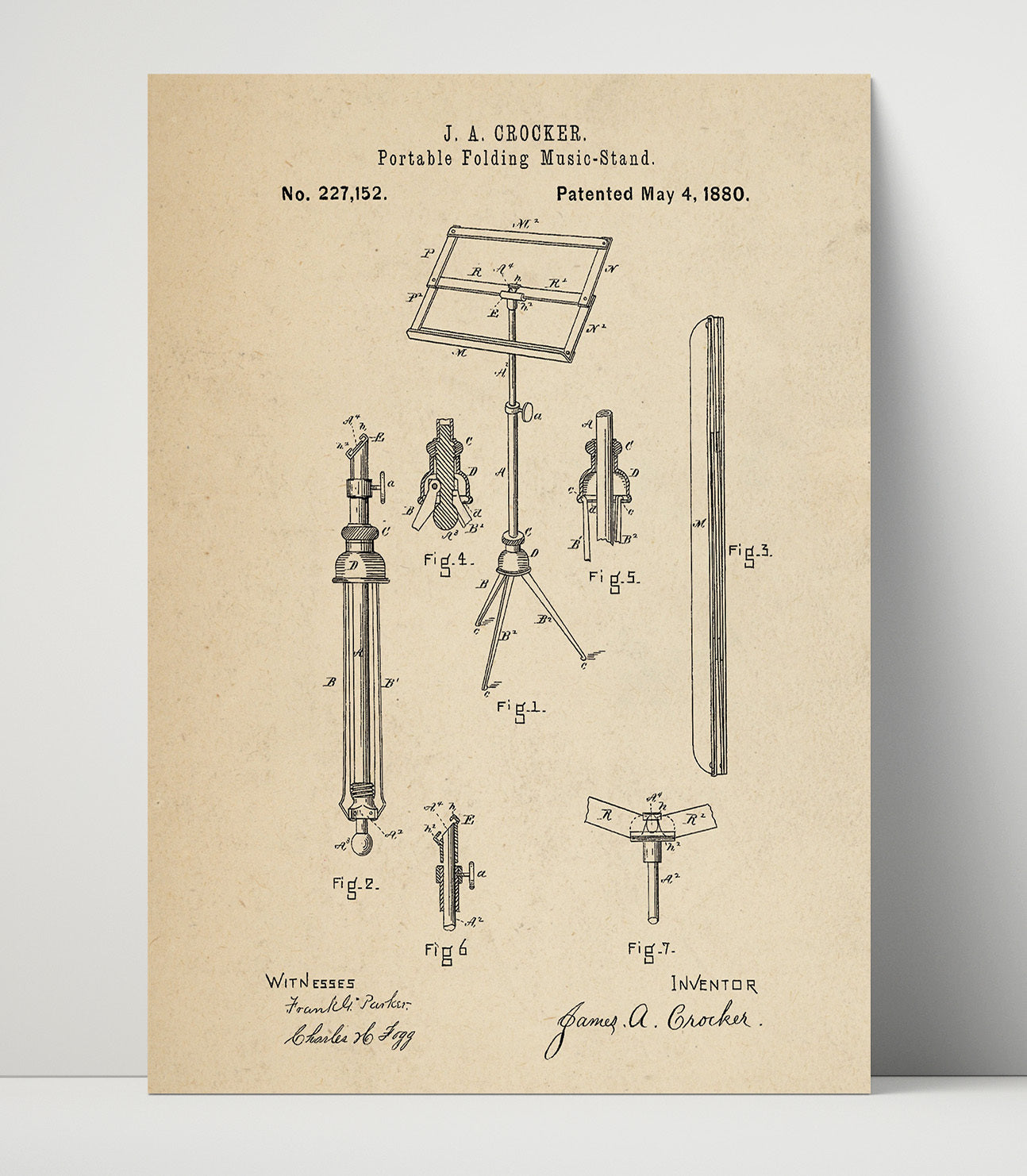 Patent Print - Portable Folding Music Stand - James A. Crocker - 1880 - Patent 227152 Patent Wall Art