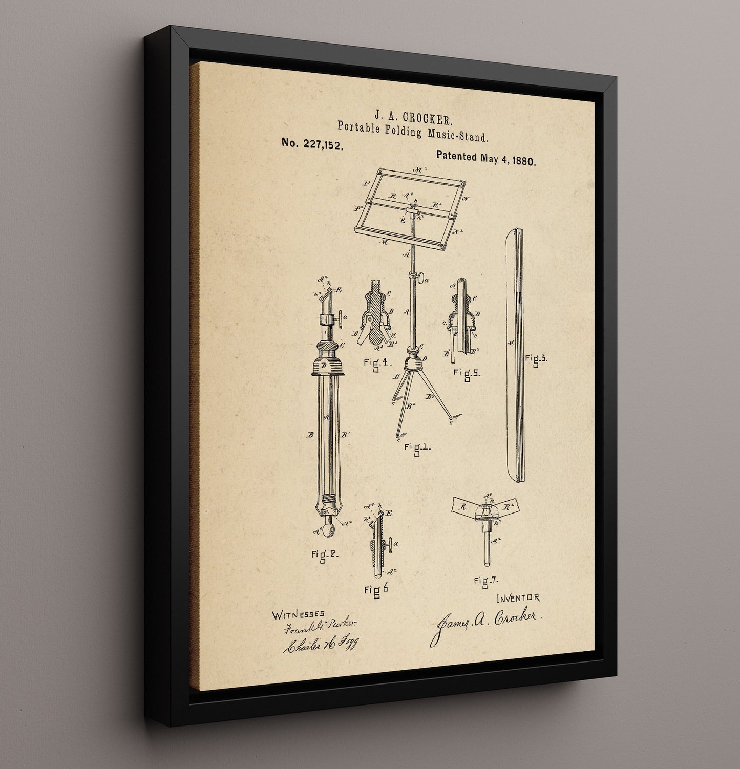 Patent Print - Portable Folding Music Stand - James A. Crocker - 1880 - Patent 227152 Patent Wall Art