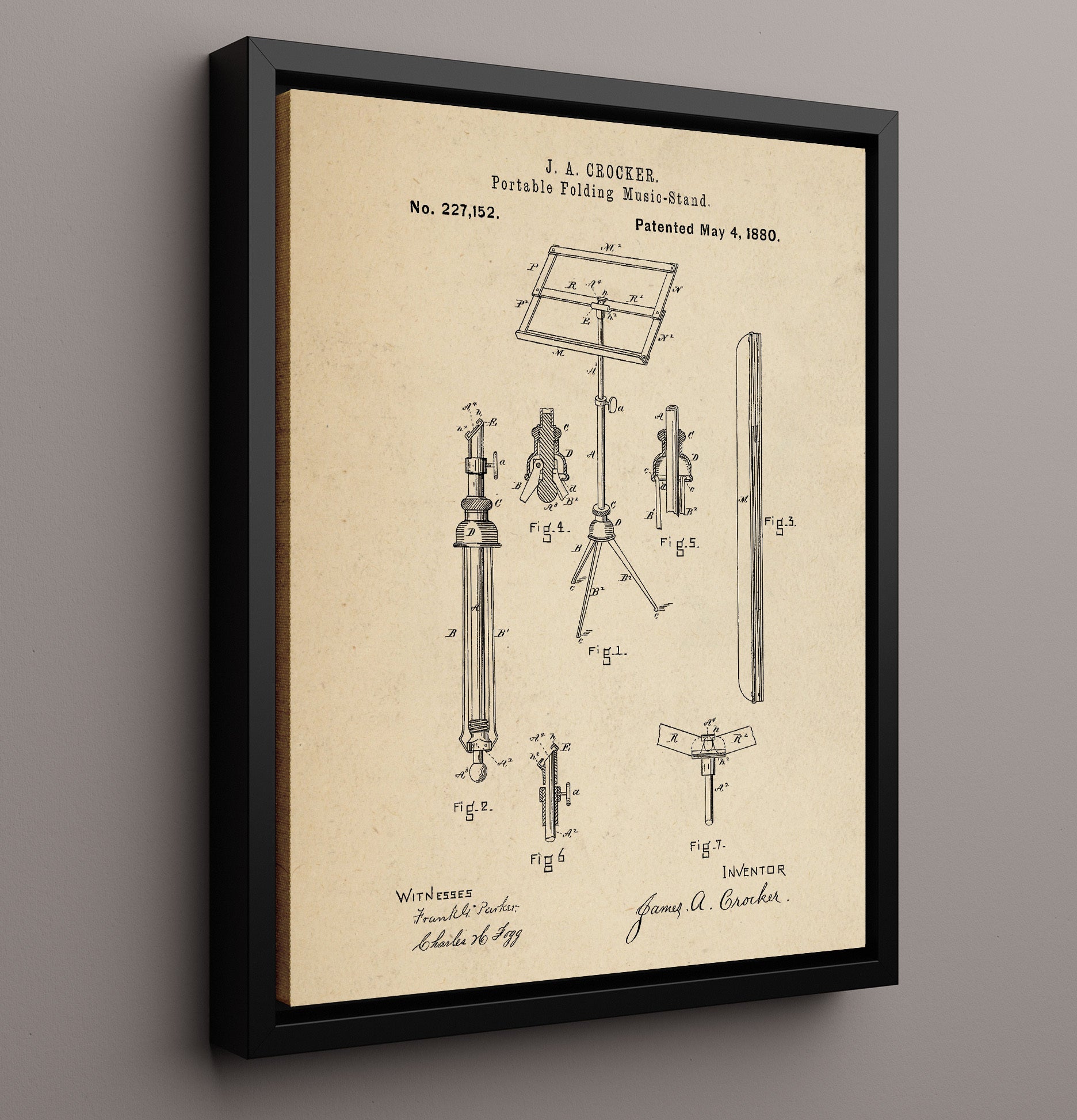Patent Print - Portable Folding Music Stand - James A. Crocker - 1880 - Patent 227152 Patent Wall Art