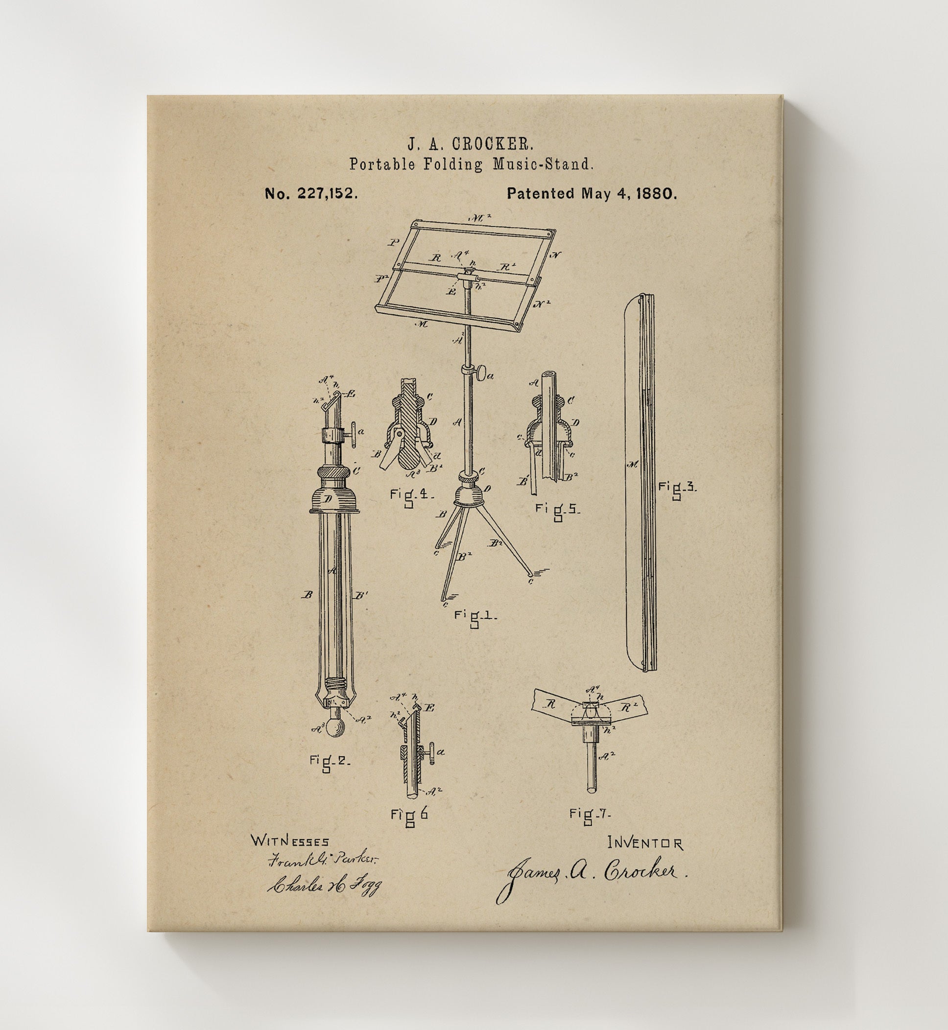 Patent Print - Portable Folding Music Stand - James A. Crocker - 1880 - Patent 227152 Patent Wall Art