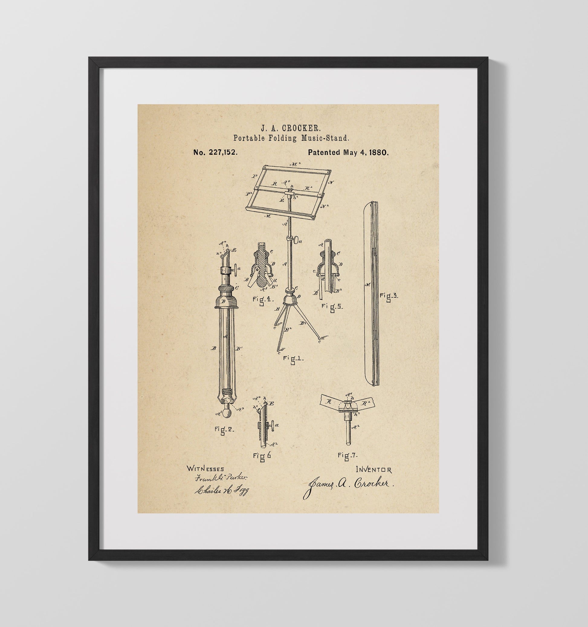 Patent Print - Portable Folding Music Stand - James A. Crocker - 1880 - Patent 227152 Patent Wall Art
