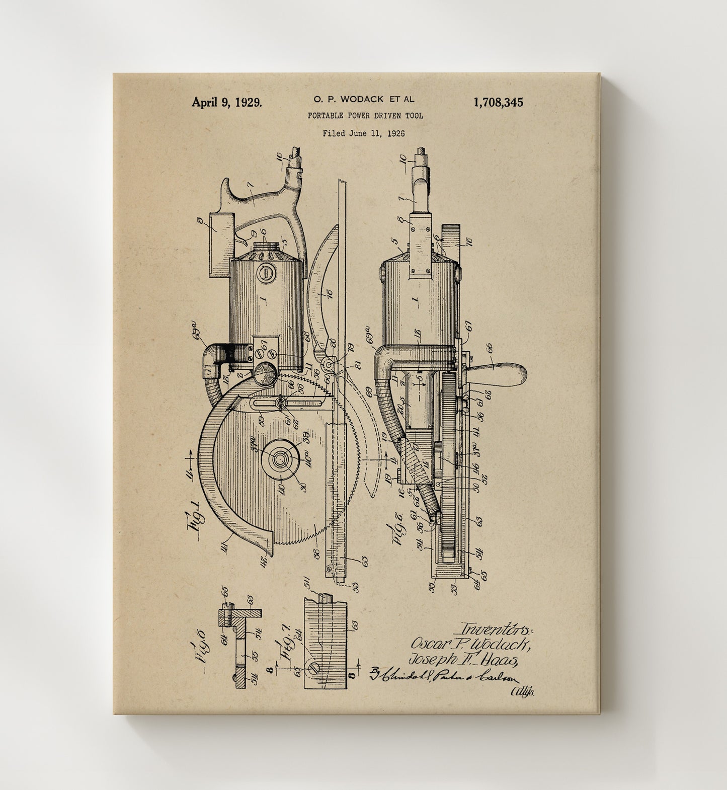Patent Print - Portable Power Driven Tool - O. P. Wodack Et Al - 1929 - Patent 1708345 Patent Wall Art