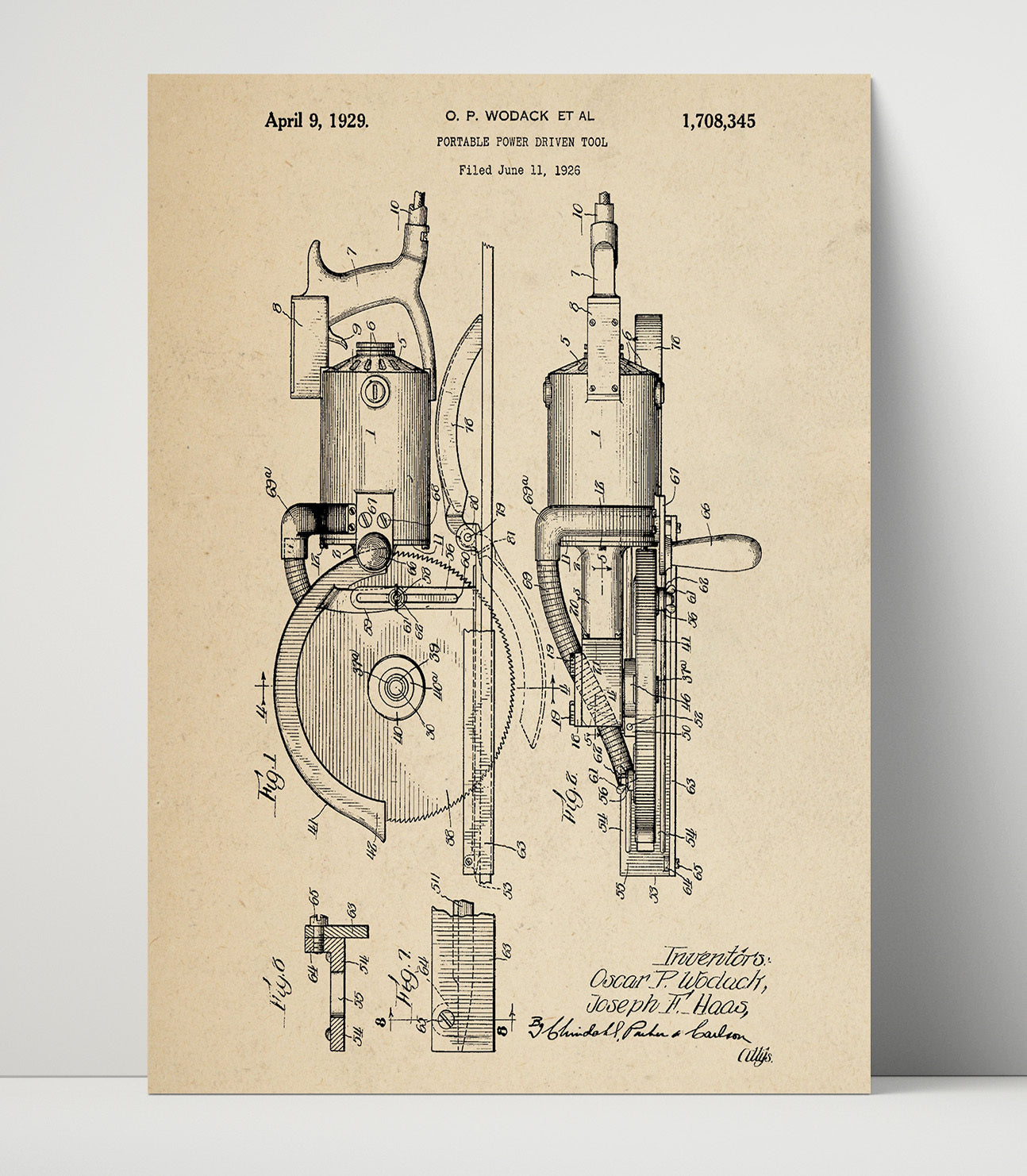Patent Print - Portable Power Driven Tool - O. P. Wodack Et Al - 1929 - Patent 1708345 Patent Wall Art