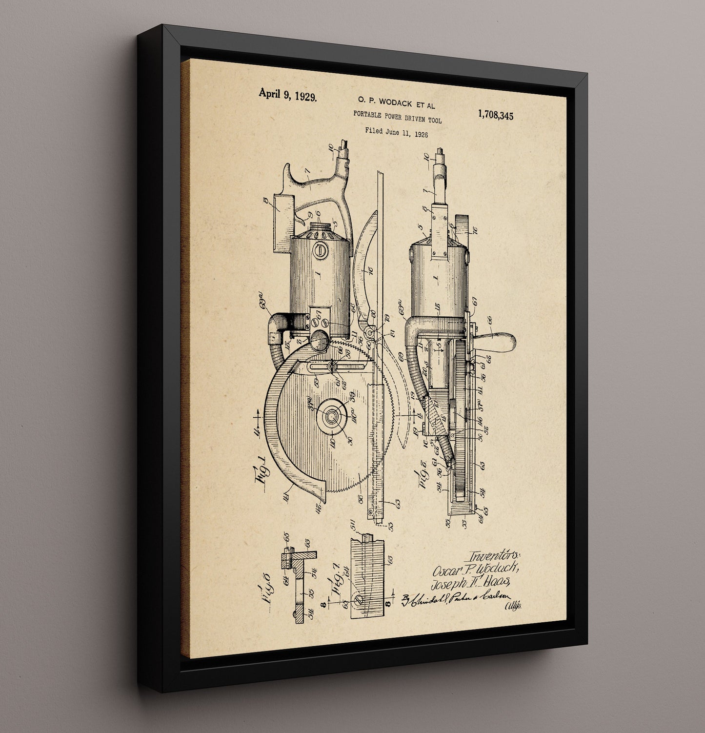 Patent Print - Portable Power Driven Tool - O. P. Wodack Et Al - 1929 - Patent 1708345 Patent Wall Art