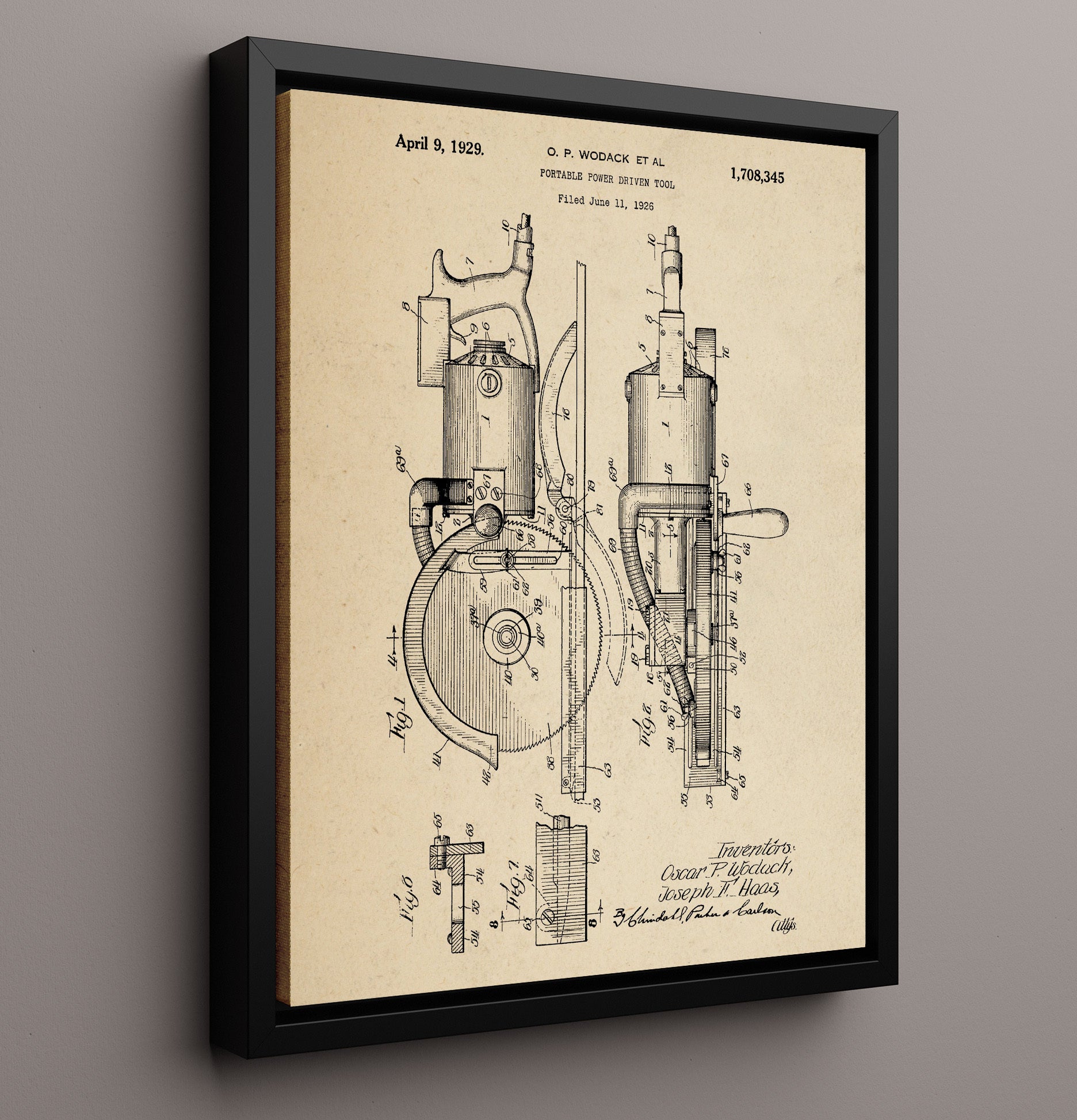 Patent Print - Portable Power Driven Tool - O. P. Wodack Et Al - 1929 - Patent 1708345 Patent Wall Art