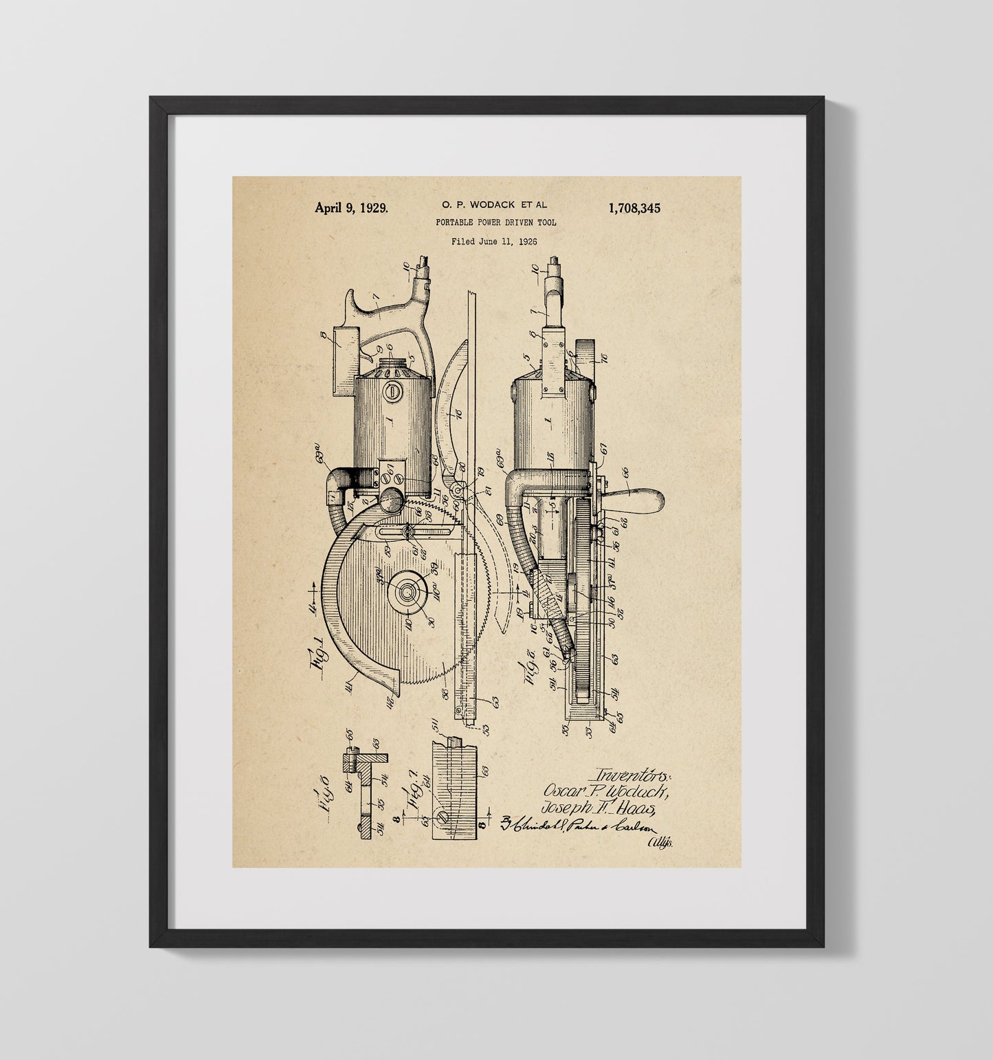 Patent Print - Portable Power Driven Tool - O. P. Wodack Et Al - 1929 - Patent 1708345 Patent Wall Art