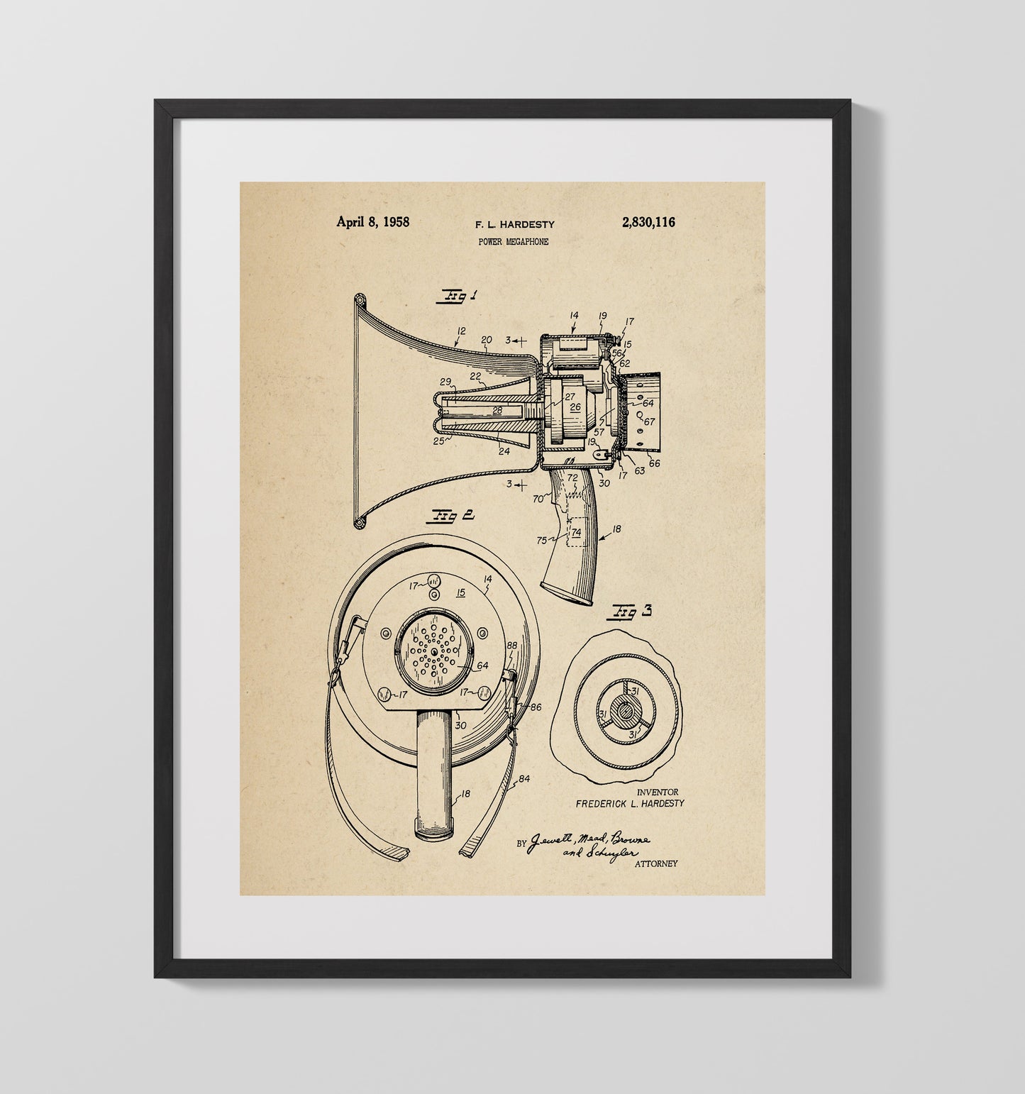 Patent Print - Power Megaphone - Frederick L. Hardesty - 1958 - Patent 2830116 Patent Wall Art