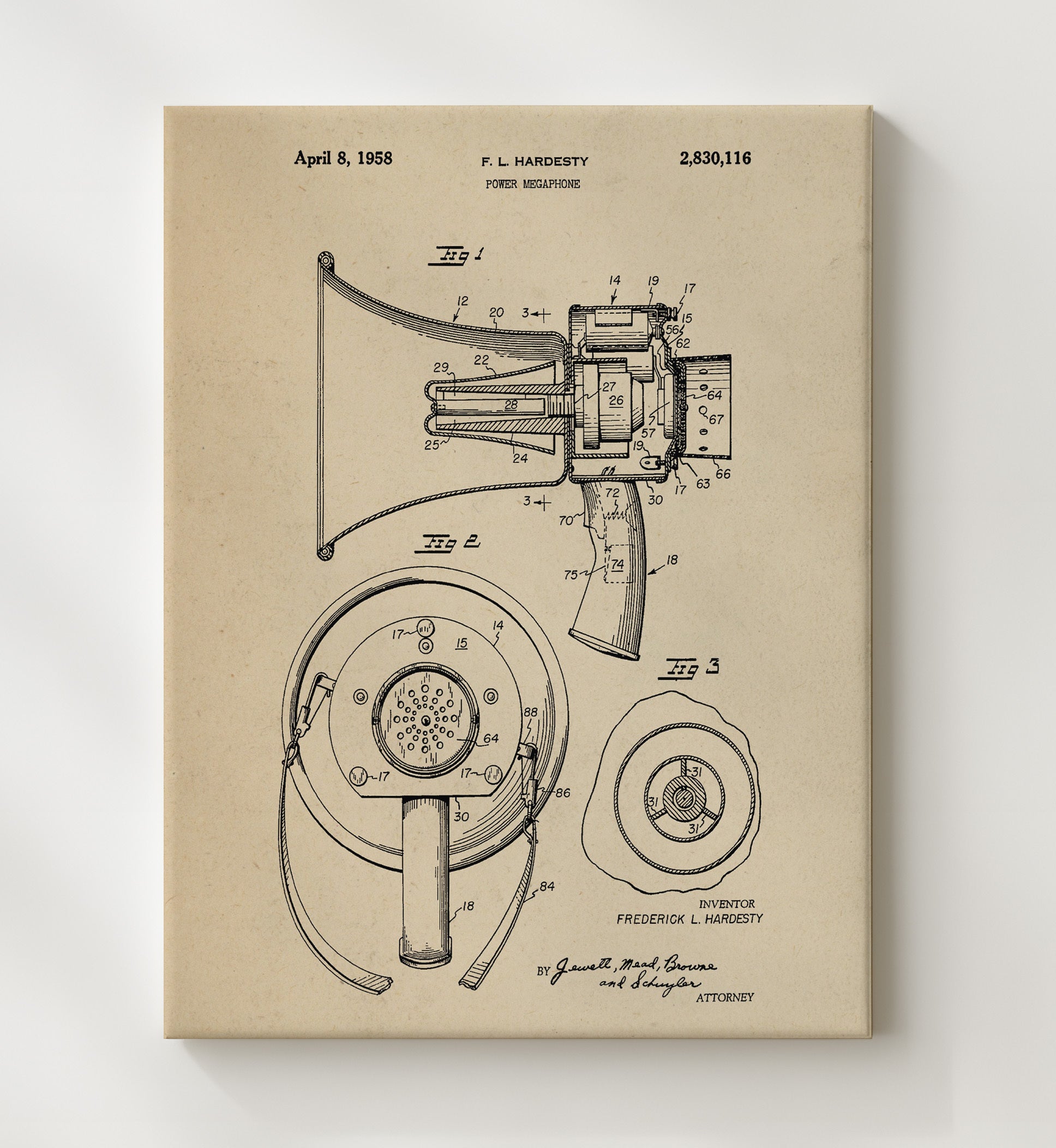 Patent Print - Power Megaphone - Frederick L. Hardesty - 1958 - Patent 2830116 Patent Wall Art