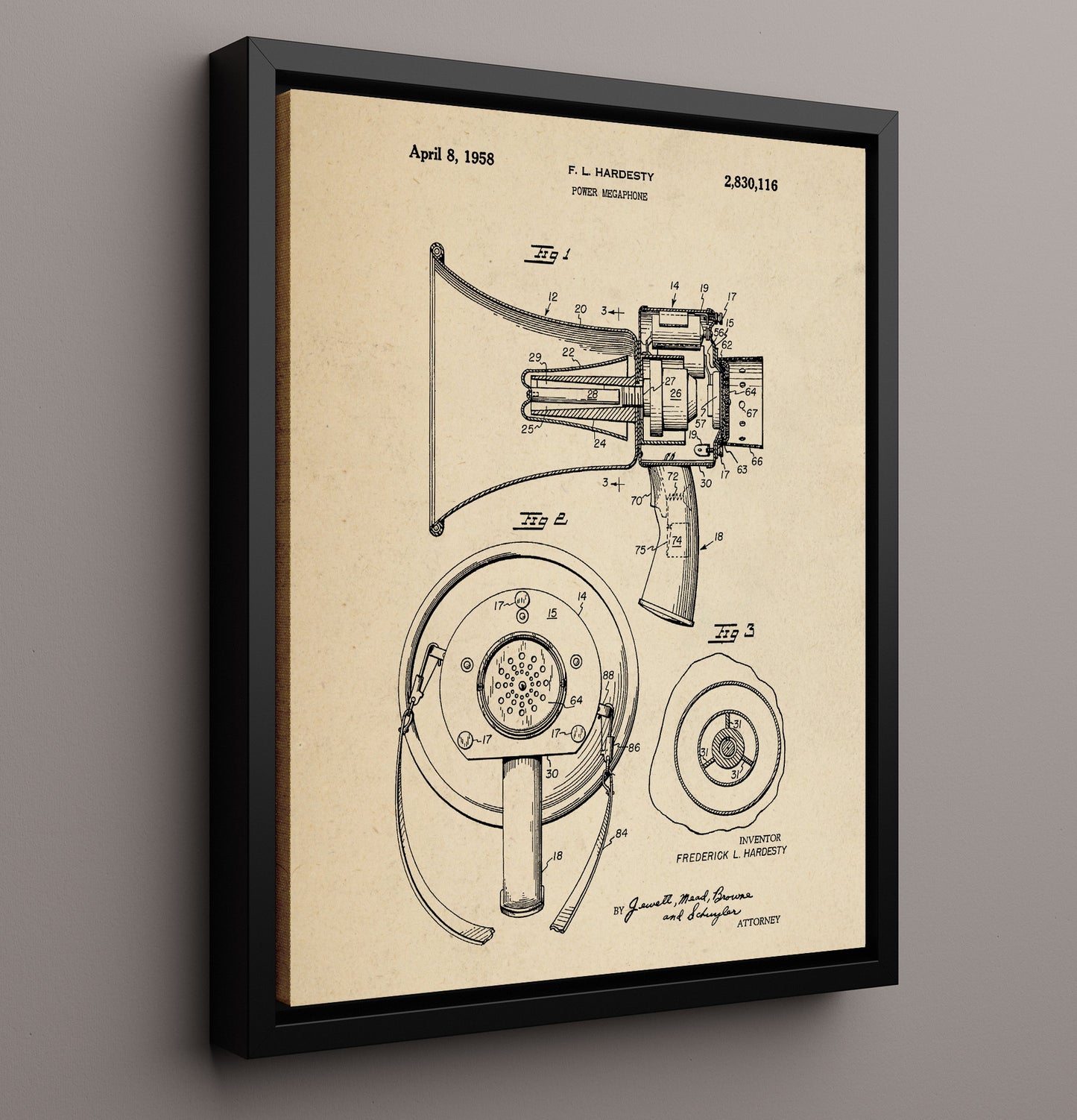 Patent Print - Power Megaphone - Frederick L. Hardesty - 1958 - Patent 2830116 Patent Wall Art