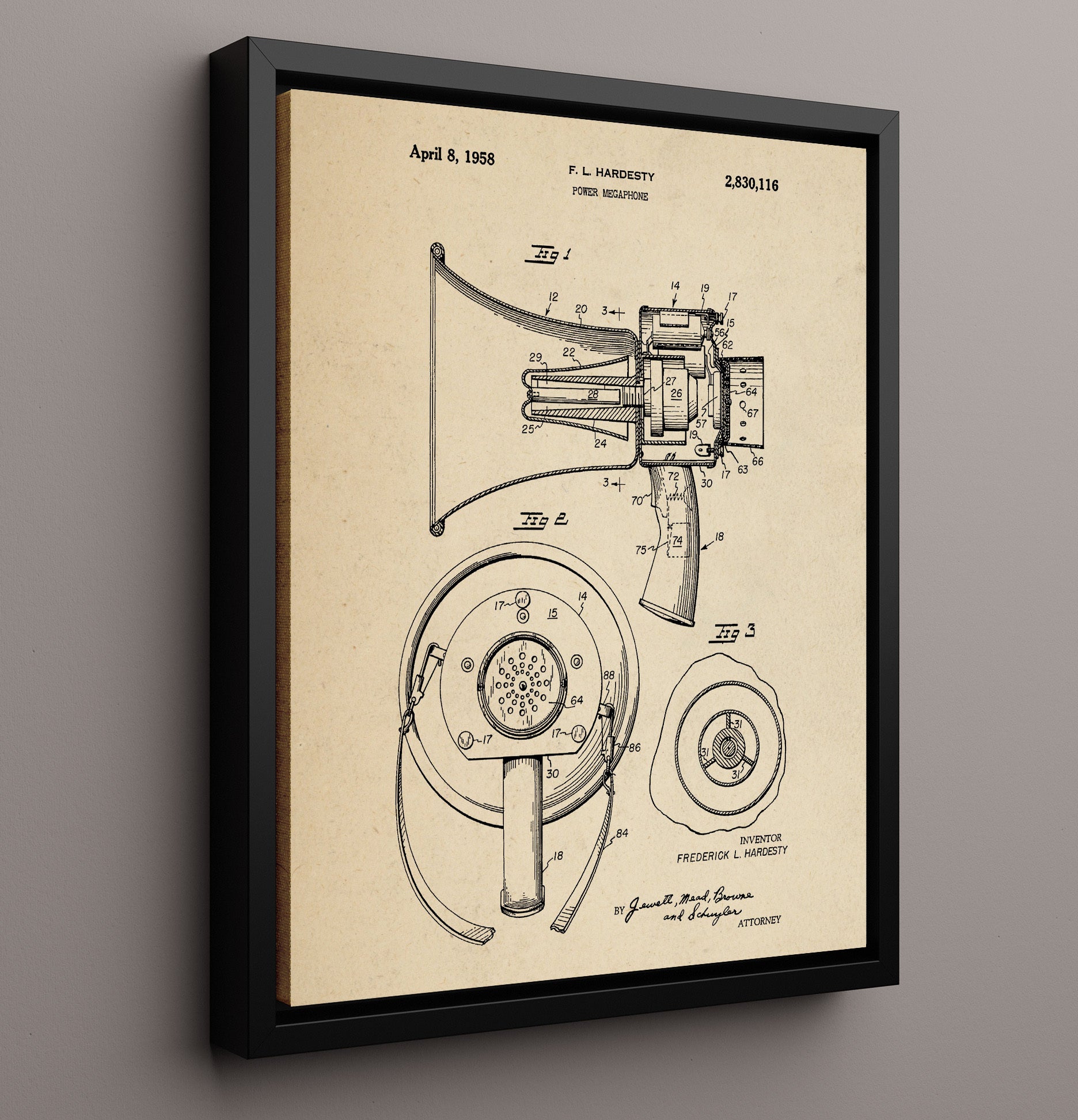 Patent Print - Power Megaphone - Frederick L. Hardesty - 1958 - Patent 2830116 Patent Wall Art