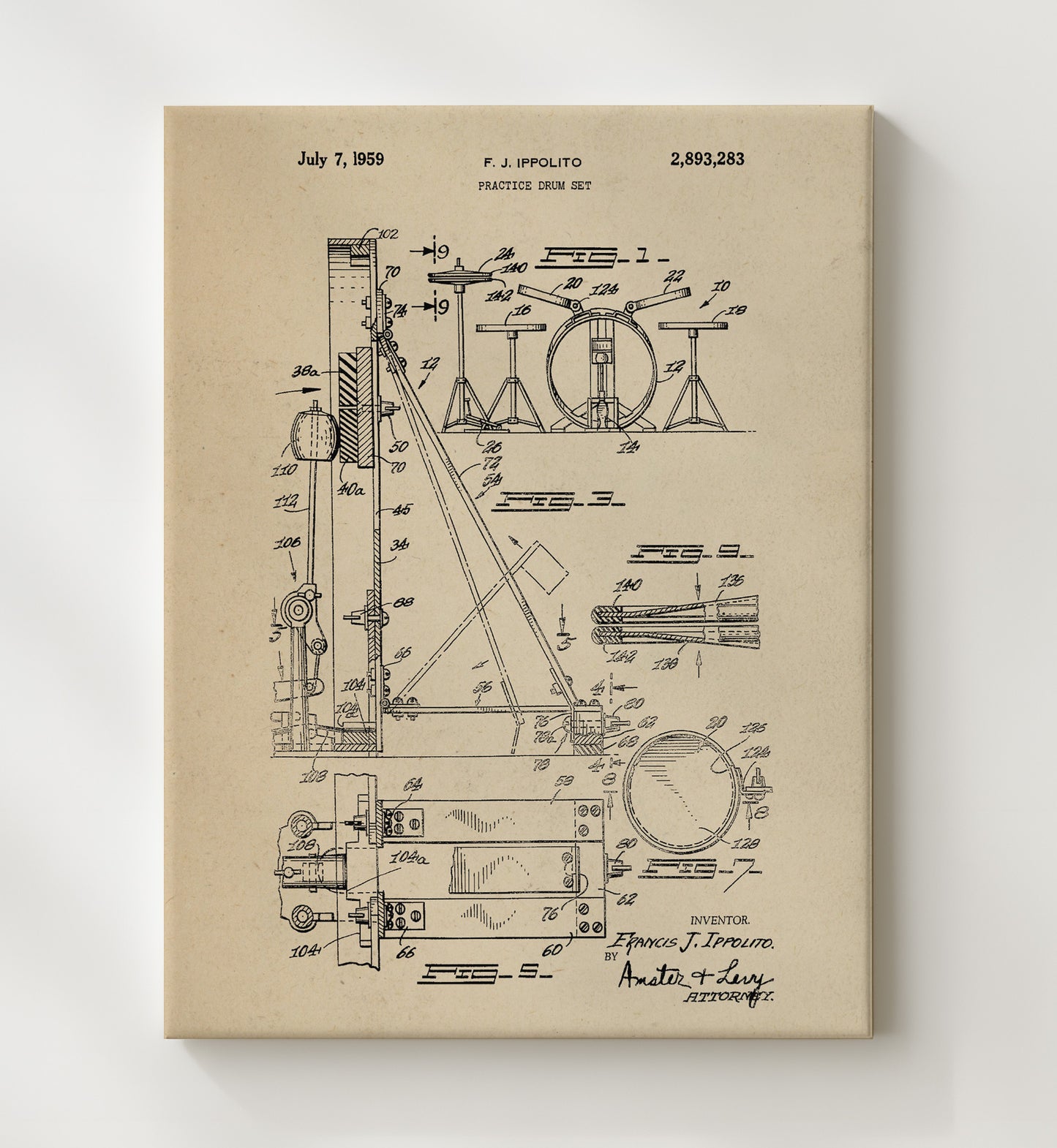 Patent Print - Practice Drum Set - Francis J. Ippolito - 1959 - Patent 2893283 Patent Wall Art
